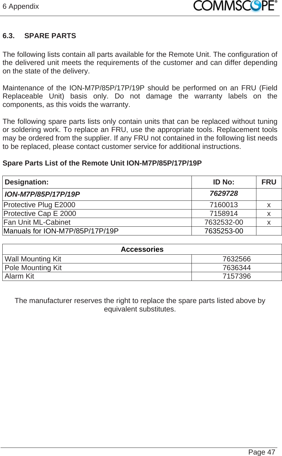 6 Appendix   Page 47 6.3.  SPARE PARTS  The following lists contain all parts available for the Remote Unit. The configuration of the delivered unit meets the requirements of the customer and can differ depending on the state of the delivery.  Maintenance of the ION-M7P/85P/17P/19P should be performed on an FRU (Field Replaceable Unit) basis only. Do not damage the warranty labels on the components, as this voids the warranty.   The following spare parts lists only contain units that can be replaced without tuning or soldering work. To replace an FRU, use the appropriate tools. Replacement tools may be ordered from the supplier. If any FRU not contained in the following list needs to be replaced, please contact customer service for additional instructions.  Spare Parts List of the Remote Unit ION-M7P/85P/17P/19P  Designation: ID No: FRU ION-M7P/85P/17P/19P  7629728  Protective Plug E2000  7160013  x Protective Cap E 2000  7158914  x Fan Unit ML-Cabinet  7632532-00  x Manuals for ION-M7P/85P/17P/19P  7635253-00    Accessories Wall Mounting Kit  7632566 Pole Mounting Kit  7636344 Alarm Kit  7157396  The manufacturer reserves the right to replace the spare parts listed above by equivalent substitutes. 