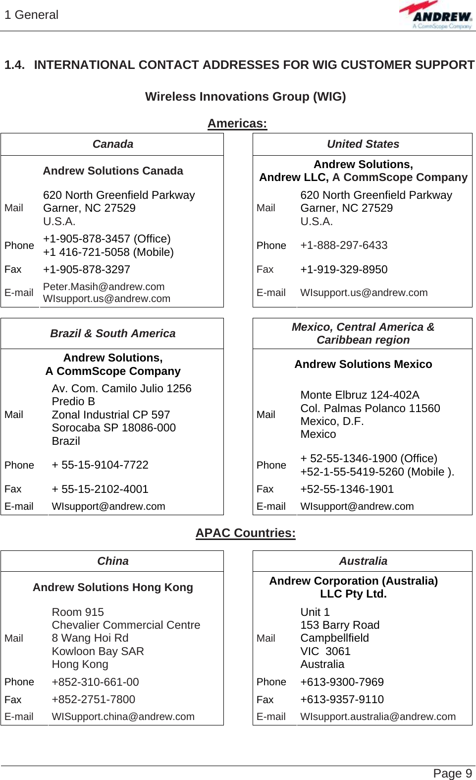 1 General   Page 9 1.4.  INTERNATIONAL CONTACT ADDRESSES FOR WIG CUSTOMER SUPPORT  Wireless Innovations Group (WIG)  Americas: Canada United States Andrew Solutions Canada  Andrew Solutions,  Andrew LLC, A CommScope CompanyMail 620 North Greenfield Parkway Garner, NC 27529 U.S.A. Mail  620 North Greenfield Parkway Garner, NC 27529 U.S.A. Phone +1-905-878-3457 (Office) +1 416-721-5058 (Mobile) Phone +1-888-297-6433 Fax +1-905-878-3297  Fax  +1-919-329-8950 E-mail Peter.Masih@andrew.com WIsupport.us@andrew.com  E-mail WIsupport.us@andrew.com  Brazil &amp; South America  Mexico, Central America &amp;  Caribbean region Andrew Solutions,  A CommScope Company  Andrew Solutions Mexico Mail Av. Com. Camilo Julio 1256 Predio B Zonal Industrial CP 597 Sorocaba SP 18086-000 Brazil Mail Monte Elbruz 124-402A Col. Palmas Polanco 11560 Mexico, D.F. Mexico Phone  + 55-15-9104-7722  Phone  + 52-55-1346-1900 (Office) +52-1-55-5419-5260 (Mobile ). Fax  + 55-15-2102-4001  Fax  +52-55-1346-1901 E-mail WIsupport@andrew.com  E-mail WIsupport@andrew.com  APAC Countries:  China Australia Andrew Solutions Hong Kong  Andrew Corporation (Australia) LLC Pty Ltd. Mail Room 915  Chevalier Commercial Centre 8 Wang Hoi Rd Kowloon Bay SAR Hong Kong Mail Unit 1 153 Barry Road Campbellfield  VIC  3061 Australia Phone +852-310-661-00  Phone +613-9300-7969 Fax +852-2751-7800  Fax +613-9357-9110 E-mail WISupport.china@andrew.com  E-mail WIsupport.australia@andrew.com 