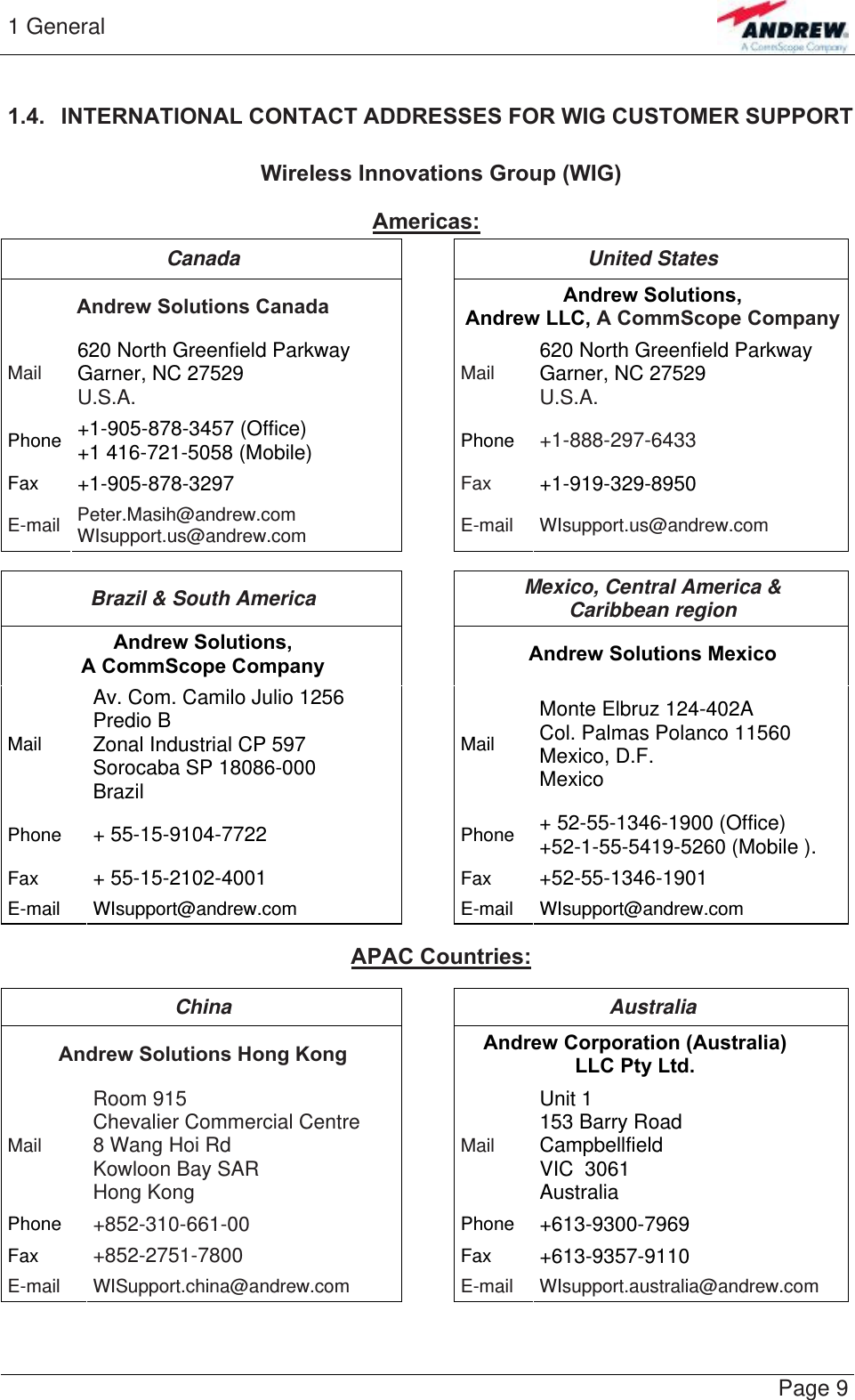 1 General   Page 9 1.4.  INTERNATIONAL CONTACT ADDRESSES FOR WIG CUSTOMER SUPPORT  Wireless Innovations Group (WIG)  Americas: Canada United States Andrew Solutions Canada  Andrew Solutions,  Andrew LLC, A CommScope CompanyMail 620 North Greenfield Parkway Garner, NC 27529 U.S.A. Mail  620 North Greenfield Parkway Garner, NC 27529 U.S.A. Phone +1-905-878-3457 (Office) +1 416-721-5058 (Mobile) Phone +1-888-297-6433 Fax +1-905-878-3297  Fax  +1-919-329-8950 E-mail Peter.Masih@andrew.com WIsupport.us@andrew.com  E-mail WIsupport.us@andrew.com  Brazil &amp; South America  Mexico, Central America &amp;  Caribbean region Andrew Solutions,  A CommScope Company  Andrew Solutions Mexico Mail Av. Com. Camilo Julio 1256 Predio B Zonal Industrial CP 597 Sorocaba SP 18086-000 Brazil Mail Monte Elbruz 124-402A Col. Palmas Polanco 11560 Mexico, D.F. Mexico Phone  + 55-15-9104-7722  Phone  + 52-55-1346-1900 (Office) +52-1-55-5419-5260 (Mobile ). Fax  + 55-15-2102-4001  Fax  +52-55-1346-1901 E-mail WIsupport@andrew.com  E-mail WIsupport@andrew.com  APAC Countries:  China Australia Andrew Solutions Hong Kong  Andrew Corporation (Australia) LLC Pty Ltd. Mail Room 915  Chevalier Commercial Centre 8 Wang Hoi Rd Kowloon Bay SAR Hong Kong Mail Unit 1 153 Barry Road Campbellfield  VIC  3061 Australia Phone +852-310-661-00  Phone +613-9300-7969 Fax +852-2751-7800  Fax +613-9357-9110 E-mail WISupport.china@andrew.com  E-mail WIsupport.australia@andrew.com 