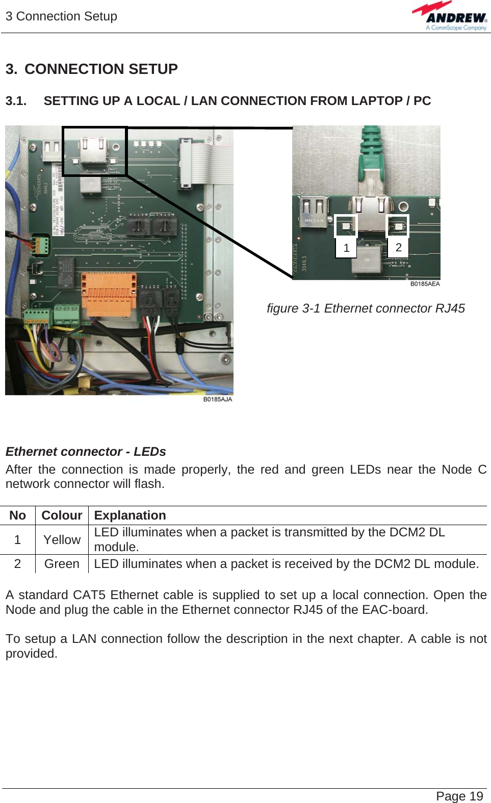 3 Connection Setup   Page 193. CONNECTION SETUP 3.1.  SETTING UP A LOCAL / LAN CONNECTION FROM LAPTOP / PC    figure 3-1 Ethernet connector RJ45 2 1  Ethernet connector - LEDs After the connection is made properly, the red and green LEDs near the Node C network connector will flash.  No Colour Explanation 1 Yellow LED illuminates when a packet is transmitted by the DCM2 DL module. 2  Green  LED illuminates when a packet is received by the DCM2 DL module.  A standard CAT5 Ethernet cable is supplied to set up a local connection. Open the Node and plug the cable in the Ethernet connector RJ45 of the EAC-board.  To setup a LAN connection follow the description in the next chapter. A cable is not provided.   