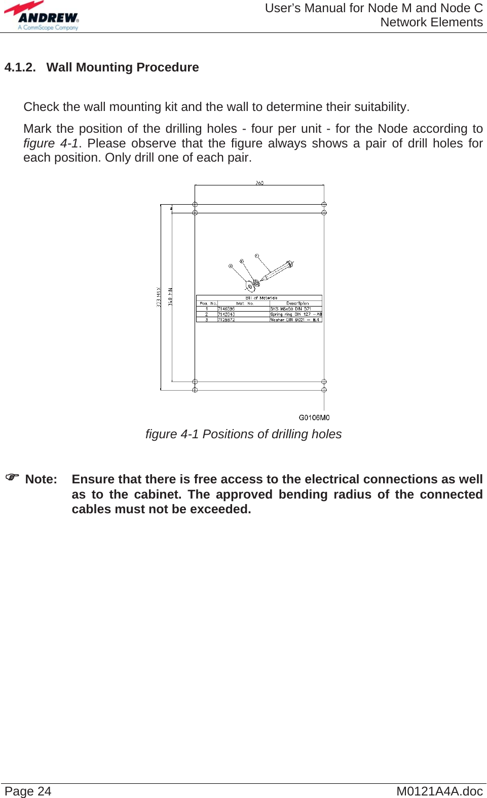  User’s Manual for Node M and Node CNetwork Elements Page 24  M0121A4A.doc4.1.2.  Wall Mounting Procedure     Check the wall mounting kit and the wall to determine their suitability.    Mark the position of the drilling holes - four per unit - for the Node according to figure 4-1. Please observe that the figure always shows a pair of drill holes for each position. Only drill one of each pair.   figure 4-1 Positions of drilling holes  ) Note:  Ensure that there is free access to the electrical connections as well as to the cabinet. The approved bending radius of the connected cables must not be exceeded.  