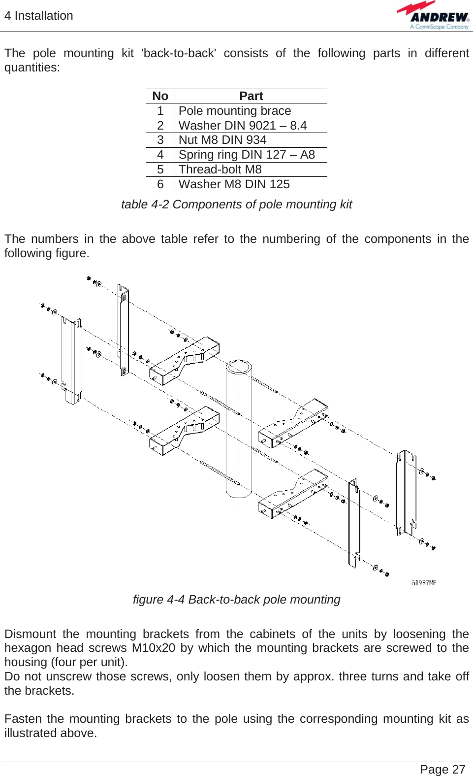 4 Installation   Page 27The pole mounting kit &apos;back-to-back&apos; consists of the following parts in different quantities:  No Part 1  Pole mounting brace 2  Washer DIN 9021 – 8.4 3  Nut M8 DIN 934 4  Spring ring DIN 127 – A8 5 Thread-bolt M8 6  Washer M8 DIN 125 table 4-2 Components of pole mounting kit  The numbers in the above table refer to the numbering of the components in the following figure.   figure 4-4 Back-to-back pole mounting  Dismount the mounting brackets from the cabinets of the units by loosening the hexagon head screws M10x20 by which the mounting brackets are screwed to the housing (four per unit). Do not unscrew those screws, only loosen them by approx. three turns and take off the brackets.   Fasten the mounting brackets to the pole using the corresponding mounting kit as illustrated above.  