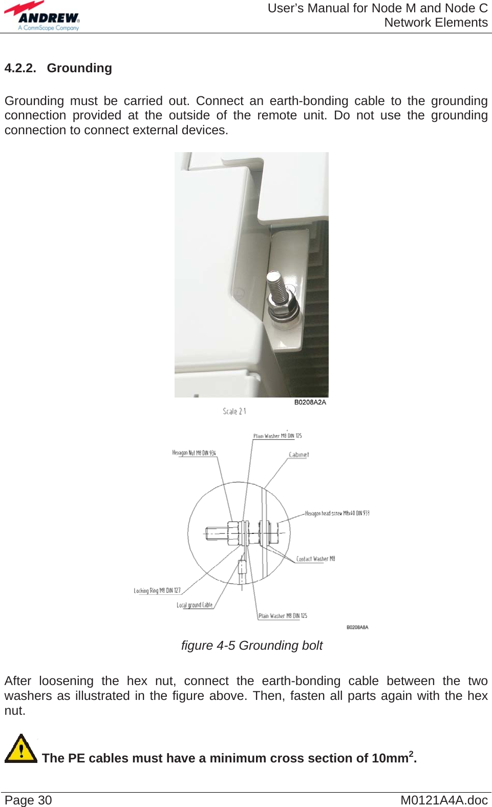  User’s Manual for Node M and Node CNetwork Elements Page 30  M0121A4A.doc4.2.2.  Grounding  Grounding must be carried out. Connect an earth-bonding cable to the grounding connection provided at the outside of the remote unit. Do not use the grounding connection to connect external devices.    figure 4-5 Grounding bolt  After loosening the hex nut, connect the earth-bonding cable between the two washers as illustrated in the figure above. Then, fasten all parts again with the hex nut.   The PE cables must have a minimum cross section of 10mm2.   