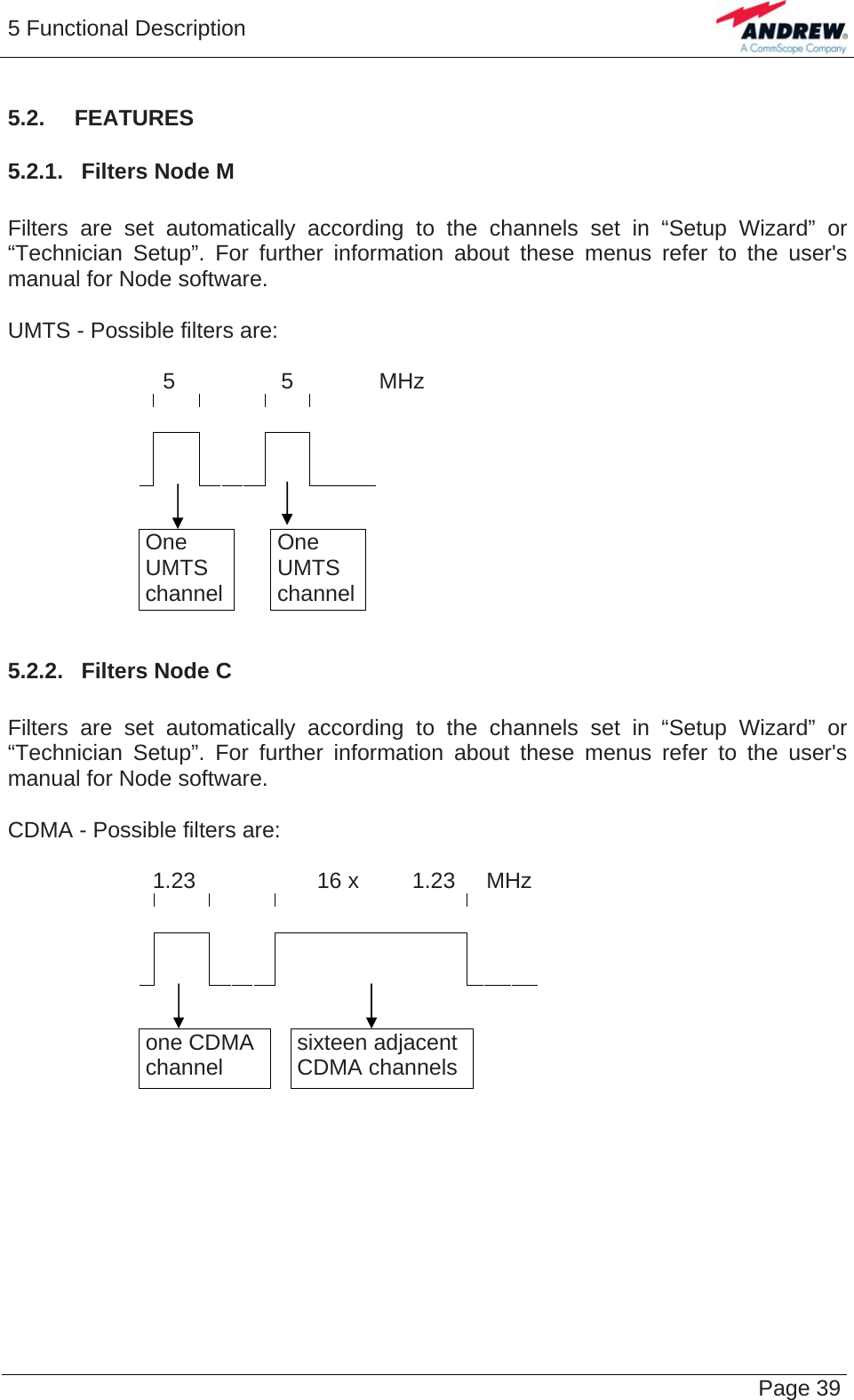 5 Functional Description   Page 395.2.  FEATURES 5.2.1.  Filters Node M   Filters are set automatically according to the channels set in “Setup Wizard” or “Technician Setup”. For further information about these menus refer to the user&apos;s manual for Node software.  UMTS - Possible filters are:  5  5  MHz                              One UMTS channel  One UMTS channel 5.2.2.  Filters Node C   Filters are set automatically according to the channels set in “Setup Wizard” or “Technician Setup”. For further information about these menus refer to the user&apos;s manual for Node software.  CDMA - Possible filters are:  1.23   16 x  1.23 MHz                               one CDMA channel   sixteen adjacent CDMA channels   