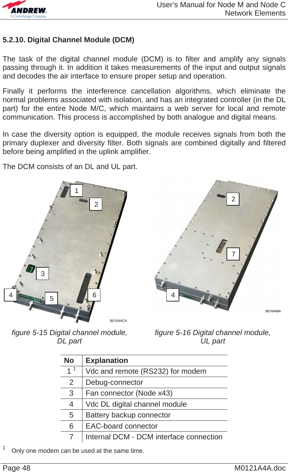  User’s Manual for Node M and Node CNetwork Elements Page 48  M0121A4A.doc5.2.10. Digital Channel Module (DCM)  The task of the digital channel module (DCM) is to filter and amplify any signals passing through it. In addition it takes measurements of the input and output signals and decodes the air interface to ensure proper setup and operation.  Finally it performs the interference cancellation algorithms, which eliminate the normal problems associated with isolation, and has an integrated controller (in the DL part) for the entire Node M/C, which maintains a web server for local and remote communication. This process is accomplished by both analogue and digital means.  In case the diversity option is equipped, the module receives signals from both the primary duplexer and diversity filter. Both signals are combined digitally and filtered before being amplified in the uplink amplifier.  The DCM consists of an DL and UL part.    figure 5-15 Digital channel module, DL part  figure 5-16 Digital channel module, UL part 1 2 2 7 3 4  6  45  No Explanation 1 1  Vdc and remote (RS232) for modem 2 Debug-connector 3  Fan connector (Node x43) 4  Vdc DL digital channel module 5  Battery backup connector 6 EAC-board connector 7  Internal DCM - DCM interface connection 1 Only one modem can be used at the same time.  