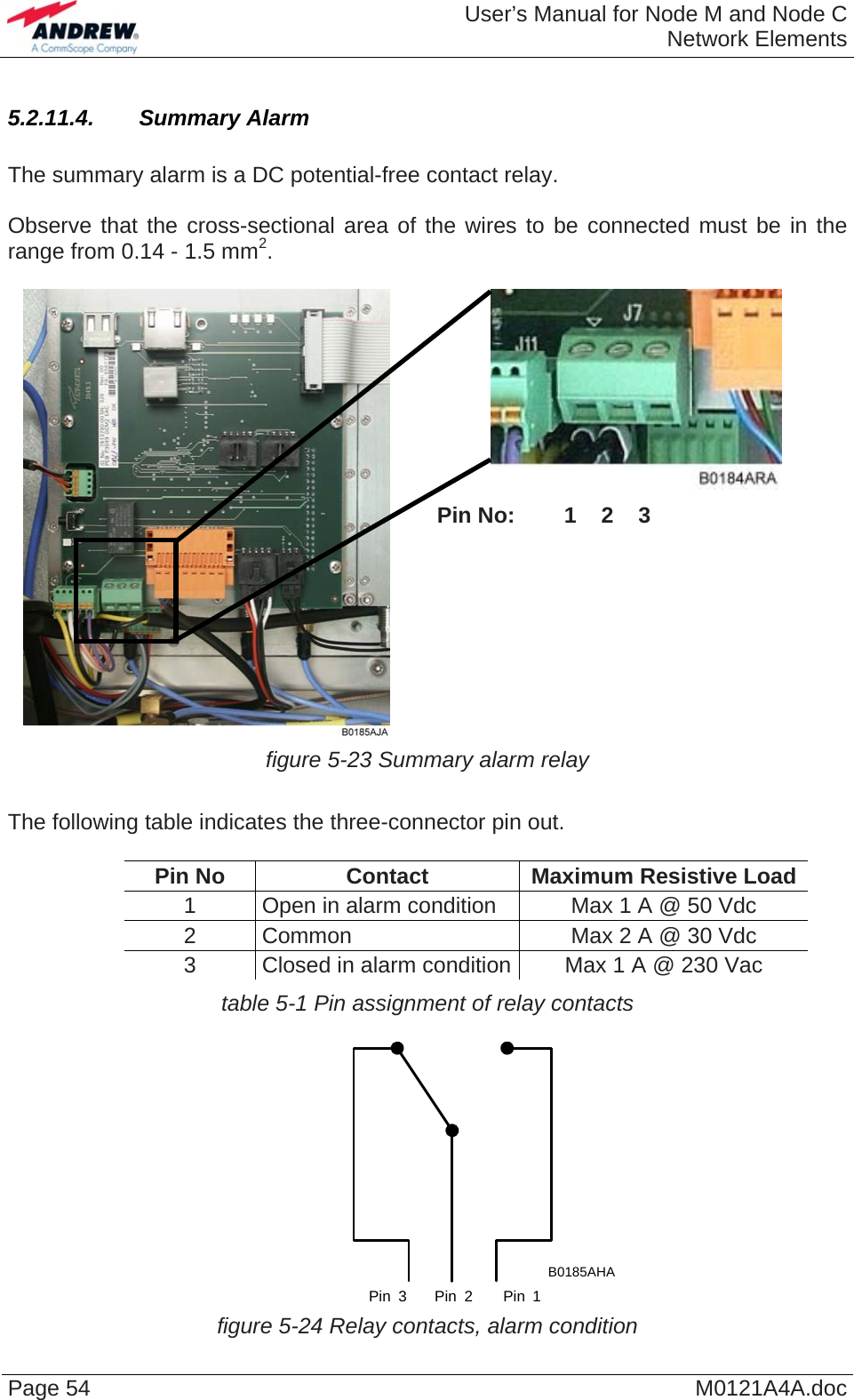  User’s Manual for Node M and Node CNetwork Elements Page 54  M0121A4A.doc5.2.11.4.  Summary Alarm  The summary alarm is a DC potential-free contact relay.  Observe that the cross-sectional area of the wires to be connected must be in the range from 0.14 - 1.5 mm2.      Pin No:        1    2    3 figure 5-23 Summary alarm relay   The following table indicates the three-connector pin out.  Pin No  Contact  Maximum Resistive Load1  Open in alarm condition  Max 1 A @ 50 Vdc 2  Common  Max 2 A @ 30 Vdc 3  Closed in alarm condition Max 1 A @ 230 Vac table 5-1 Pin assignment of relay contacts           Pin 3 Pin 2 Pin 1B0185AHA figure 5-24 Relay contacts, alarm condition  