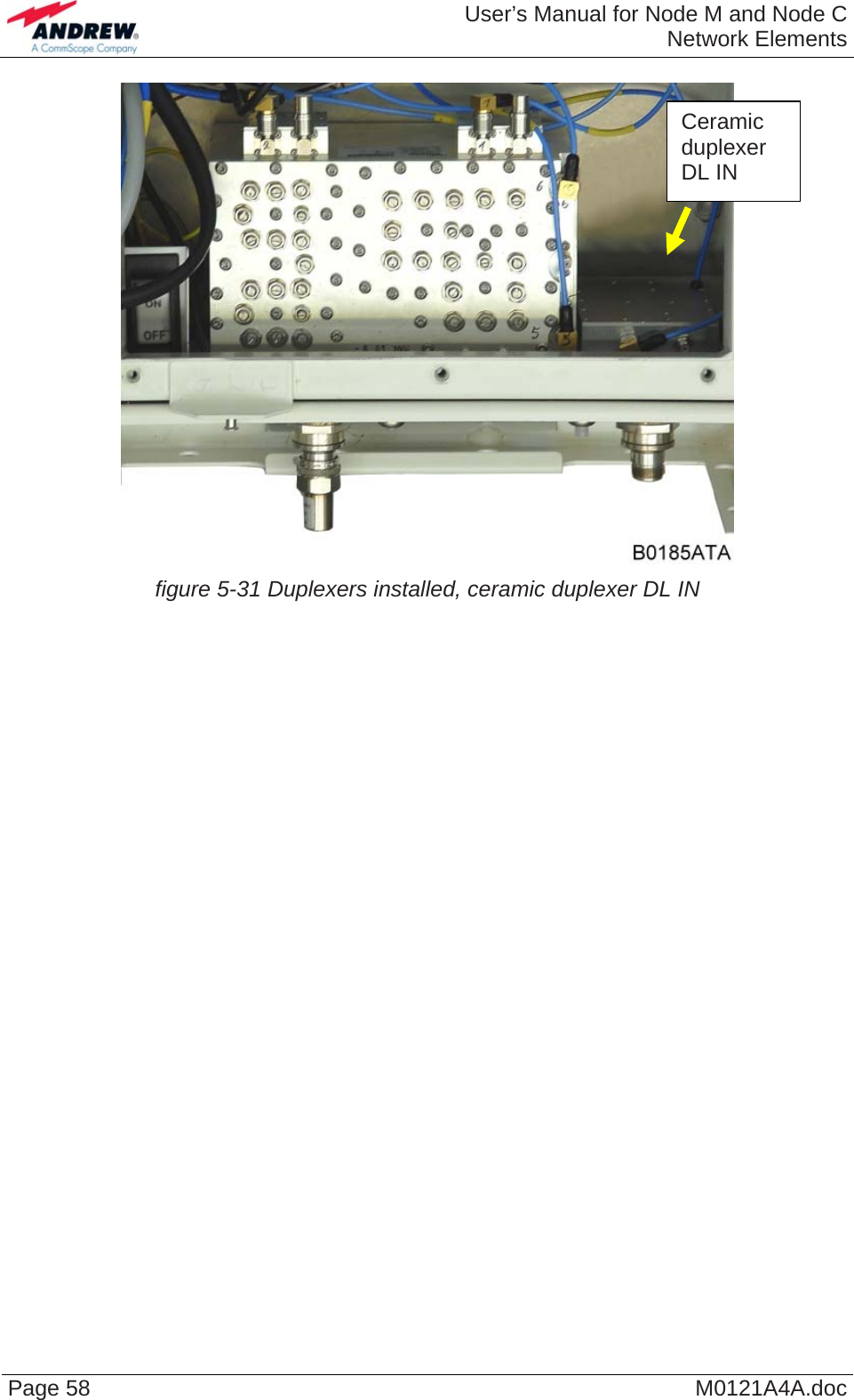  User’s Manual for Node M and Node CNetwork Elements Page 58  M0121A4A.doc Ceramic duplexer  DL IN  figure 5-31 Duplexers installed, ceramic duplexer DL IN    