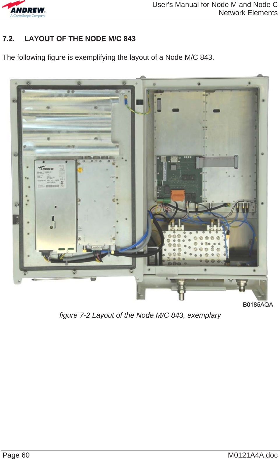  User’s Manual for Node M and Node CNetwork Elements Page 60  M0121A4A.doc7.2.  LAYOUT OF THE NODE M/C 843  The following figure is exemplifying the layout of a Node M/C 843.   figure 7-2 Layout of the Node M/C 843, exemplary    