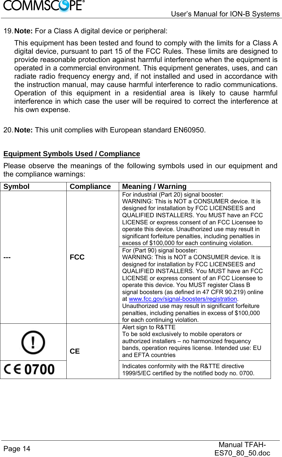   User’s Manual for ION-B Systems Page 14   Manual TFAH-ES70_80_50.doc  19. Note: For a Class A digital device or peripheral: This equipment has been tested and found to comply with the limits for a Class A digital device, pursuant to part 15 of the FCC Rules. These limits are designed to provide reasonable protection against harmful interference when the equipment is operated in a commercial environment. This equipment generates, uses, and can radiate radio frequency energy and, if not installed and used in accordance with the instruction manual, may cause harmful interference to radio communications. Operation of this equipment in a residential area is likely to cause harmful interference in which case the user will be required to correct the interference at his own expense.  20. Note: This unit complies with European standard EN60950.  Equipment Symbols Used / Compliance Please observe the meanings of the following symbols used in our equipment and the compliance warnings: Symbol Compliance Meaning / Warning --- FCC For industrial (Part 20) signal booster: WARNING: This is NOT a CONSUMER device. It is designed for installation by FCC LICENSEES and QUALIFIED INSTALLERS. You MUST have an FCC LICENSE or express consent of an FCC Licensee to operate this device. Unauthorized use may result in significant forfeiture penalties, including penalties in excess of $100,000 for each continuing violation. For (Part 90) signal booster: WARNING: This is NOT a CONSUMER device. It is designed for installation by FCC LICENSEES and QUALIFIED INSTALLERS. You MUST have an FCC LICENSE or express consent of an FCC Licensee to operate this device. You MUST register Class B signal boosters (as defined in 47 CFR 90.219) online at www.fcc.gov/signal-boosters/registration. Unauthorized use may result in significant forfeiture penalties, including penalties in excess of $100,000 for each continuing violation.  CE Alert sign to R&amp;TTE To be sold exclusively to mobile operators or authorized installers – no harmonized frequency bands, operation requires license. Intended use: EU and EFTA countries  Indicates conformity with the R&amp;TTE directive 1999/5/EC certified by the notified body no. 0700.  