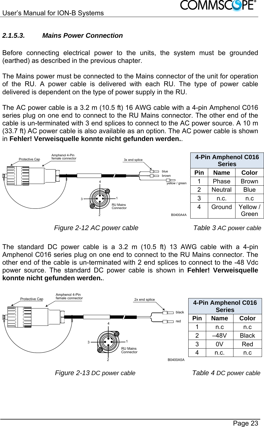User’s Manual for ION-B Systems       Page 23 2.1.5.3. Mains Power Connection  Before connecting electrical power to the units, the system must be grounded (earthed) as described in the previous chapter.  The Mains power must be connected to the Mains connector of the unit for operation of the RU. A power cable is delivered with each RU. The type of power cable delivered is dependent on the type of power supply in the RU.  The AC power cable is a 3.2 m (10.5 ft) 16 AWG cable with a 4-pin Amphenol C016 series plug on one end to connect to the RU Mains connector. The other end of the cable is un-terminated with 3 end splices to connect to the AC power source. A 10 m (33.7 ft) AC power cable is also available as an option. The AC power cable is shown in Fehler! Verweisquelle konnte nicht gefunden werden..  blueAmphenol 4-Pinfemale connectorProtective Cap 3x end splicebrownyellow / greenB0400A4ARU MainsConnector43214-Pin Amphenol C016 Series Pin Name  Color 1 Phase Brown 2 Neutral  Blue 3 n.c.  n.c 4 Ground Yellow / Green  Figure 2-12 AC power cable Table 3 AC power cable The standard DC power cable is a 3.2 m (10.5 ft) 13 AWG cable with a 4-pin Amphenol C016 series plug on one end to connect to the RU Mains connector. The other end of the cable is un-terminated with 2 end splices to connect to the -48 Vdc power source. The standard DC power cable is shown in Fehler! Verweisquelle konnte nicht gefunden werden..  blackAmphenol 4-Pinfemale connectorProtective Cap 2x end spliceredB0400A5ARU MainsConnector43214-Pin Amphenol C016 Series Pin Name  Color 1 n.c  n.c 2 –48V Black 3 0V  Red 4 n.c.  n.c  Figure 2-13 DC power cable  Table 4 DC power cable  