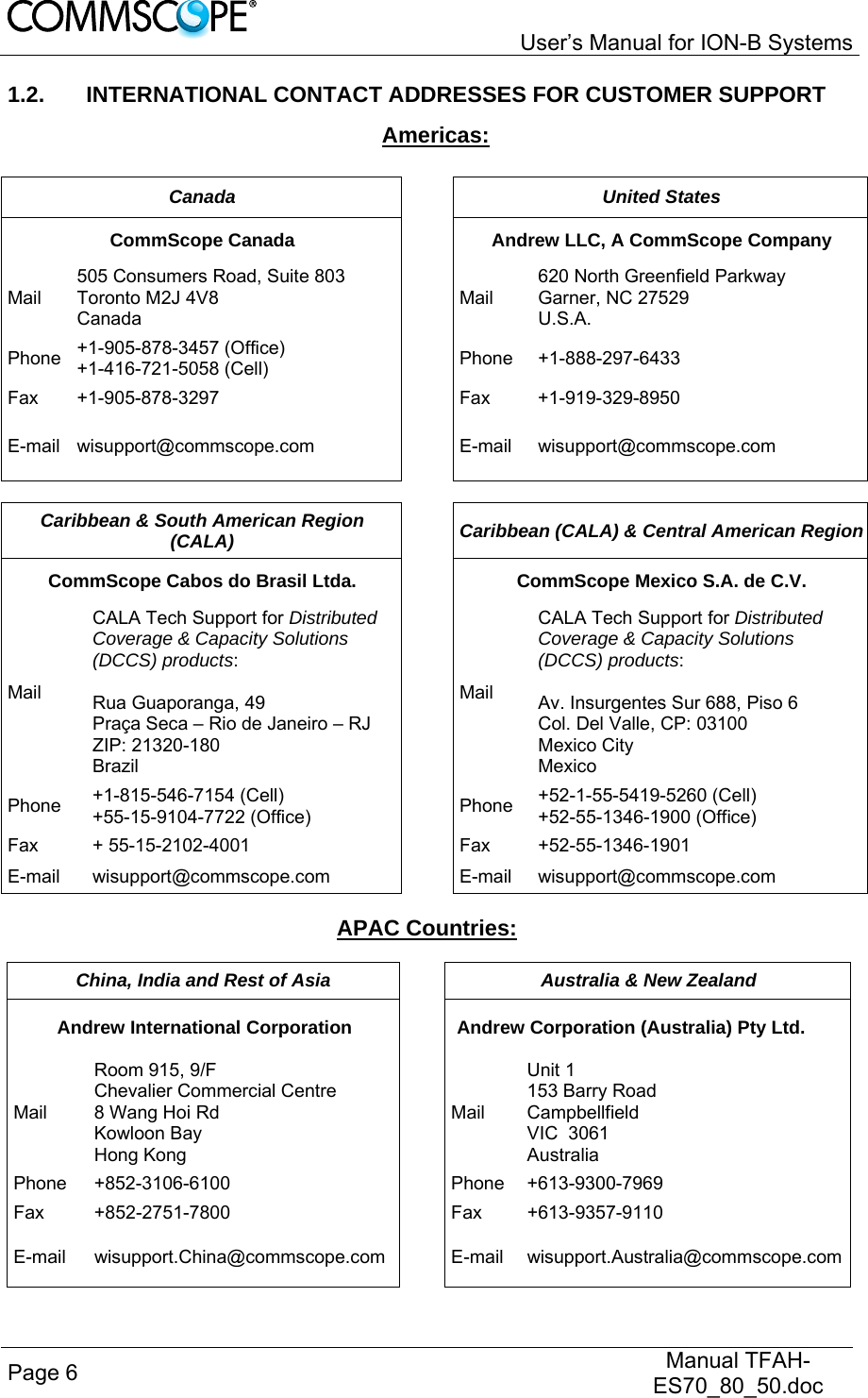  User’s Manual for ION-B Systems Page 6   Manual TFAH-ES70_80_50.doc  1.2.  INTERNATIONAL CONTACT ADDRESSES FOR CUSTOMER SUPPORT Americas:  Canada  United States CommScope Canada  Andrew LLC, A CommScope Company Mail 505 Consumers Road, Suite 803  Toronto M2J 4V8  Canada Mail 620 North Greenfield Parkway Garner, NC 27529 U.S.A. Phone  +1-905-878-3457 (Office) +1-416-721-5058 (Cell) Phone +1-888-297-6433 Fax +1-905-878-3297  Fax  +1-919-329-8950 E-mail wisupport@commscope.com  E-mail  wisupport@commscope.com  Caribbean &amp; South American Region (CALA)  Caribbean (CALA) &amp; Central American Region CommScope Cabos do Brasil Ltda.  CommScope Mexico S.A. de C.V. Mail CALA Tech Support for Distributed Coverage &amp; Capacity Solutions (DCCS) products:  Rua Guaporanga, 49 Praça Seca – Rio de Janeiro – RJ ZIP: 21320-180 Brazil Mail CALA Tech Support for Distributed Coverage &amp; Capacity Solutions (DCCS) products:  Av. Insurgentes Sur 688, Piso 6 Col. Del Valle, CP: 03100 Mexico City Mexico Phone  +1-815-546-7154 (Cell) +55-15-9104-7722 (Office)  Phone  +52-1-55-5419-5260 (Cell) +52-55-1346-1900 (Office) Fax + 55-15-2102-4001  Fax +52-55-1346-1901 E-mail wisupport@commscope.com  E-mail wisupport@commscope.com  APAC Countries:  China, India and Rest of Asia  Australia &amp; New Zealand Andrew International Corporation  Andrew Corporation (Australia) Pty Ltd. Mail Room 915, 9/F  Chevalier Commercial Centre 8 Wang Hoi Rd Kowloon Bay  Hong Kong Mail Unit 1 153 Barry Road Campbellfield  VIC  3061 Australia Phone +852-3106-6100  Phone +613-9300-7969 Fax +852-2751-7800  Fax +613-9357-9110 E-mail wisupport.China@commscope.com E-mail wisupport.Australia@commscope.com