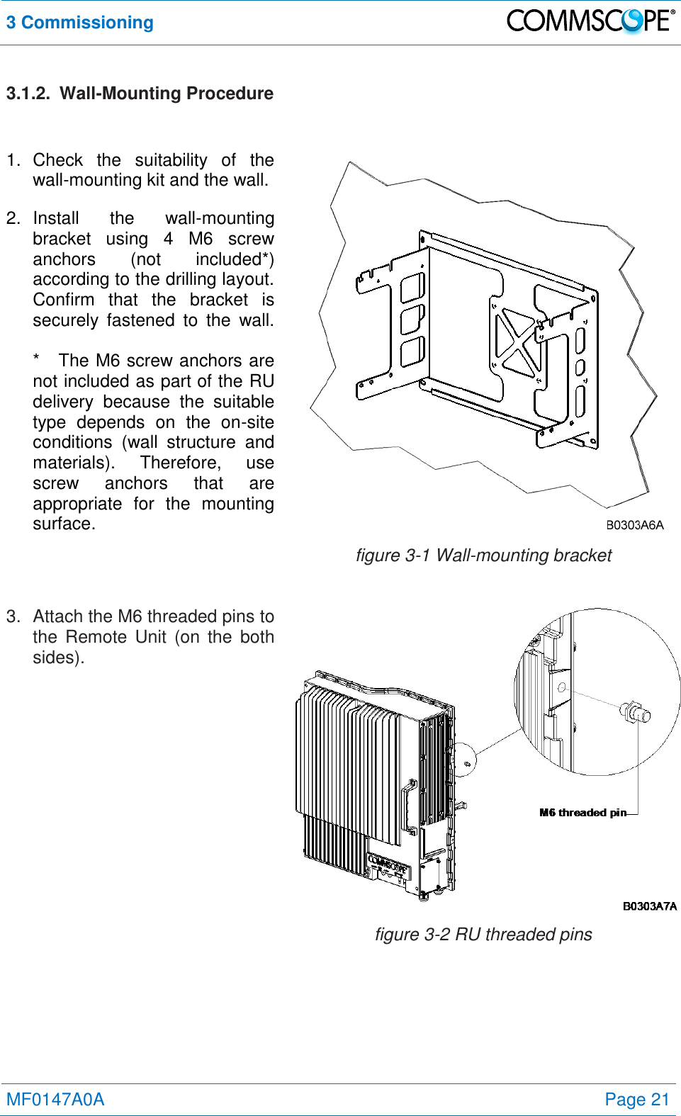 3 Commissioning   MF0147A0A Page 21  3.1.2.  Wall-Mounting Procedure  1.  Check  the  suitability  of  the wall-mounting kit and the wall. 2.  Install  the  wall-mounting bracket  using  4  M6  screw anchors  (not  included*) according to the drilling layout. Confirm  that  the  bracket  is securely  fastened  to  the  wall.  *  The M6 screw anchors are not included as part of the RU delivery  because  the  suitable type  depends  on  the  on-site conditions  (wall  structure  and materials).  Therefore,  use screw  anchors  that  are appropriate  for  the  mounting surface.  figure 3-1 Wall-mounting bracket 3.  Attach the M6 threaded pins to the  Remote  Unit  (on  the  both sides).  figure 3-2 RU threaded pins 