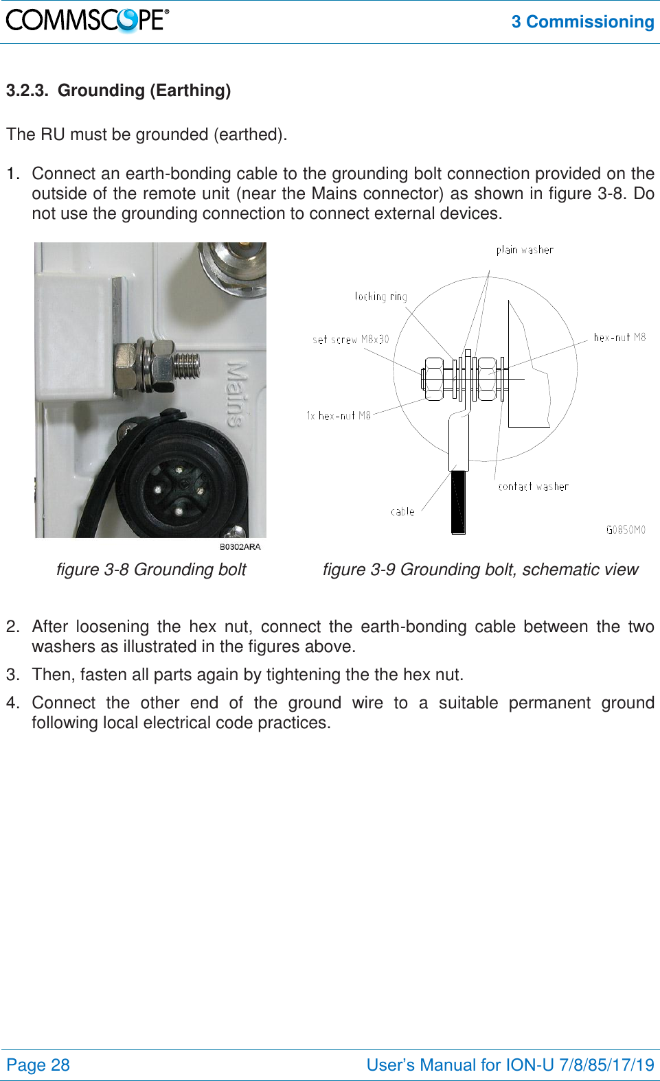  3 Commissioning  Page 28 User’s Manual for ION-U 7/8/85/17/19  3.2.3.  Grounding (Earthing)  The RU must be grounded (earthed).  1. Connect an earth-bonding cable to the grounding bolt connection provided on the outside of the remote unit (near the Mains connector) as shown in figure 3-8. Do not use the grounding connection to connect external devices.    figure 3-8 Grounding bolt figure 3-9 Grounding bolt, schematic view  2.  After  loosening  the  hex  nut,  connect  the  earth-bonding  cable  between  the  two washers as illustrated in the figures above. 3.  Then, fasten all parts again by tightening the the hex nut. 4.  Connect  the  other  end  of  the  ground  wire  to  a  suitable  permanent  ground following local electrical code practices. 