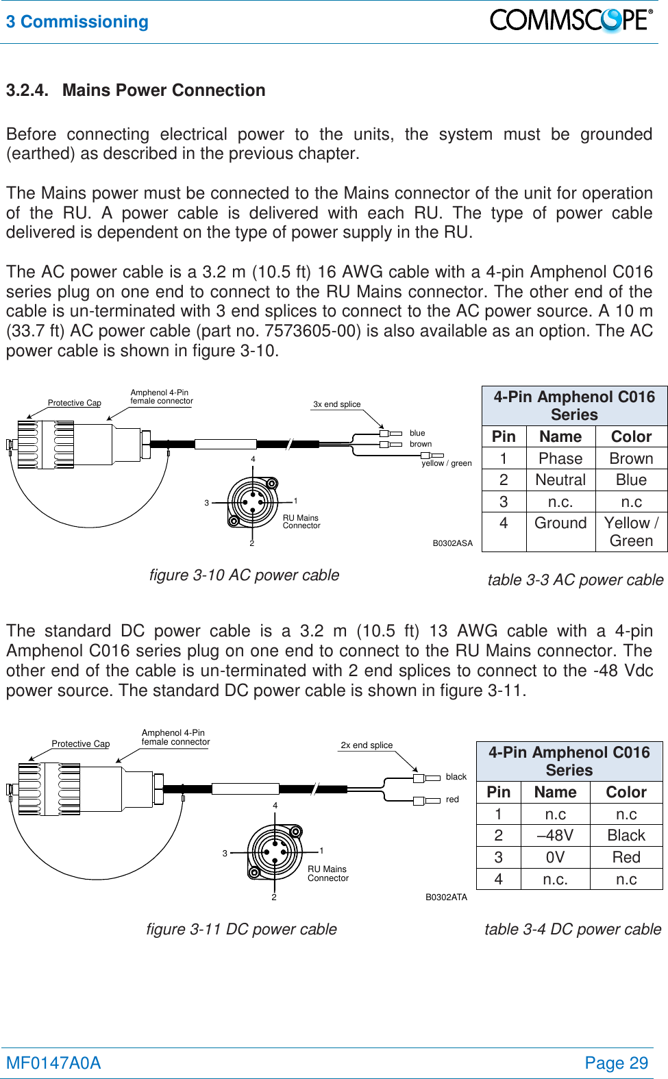 3 Commissioning   MF0147A0A Page 29  3.2.4.   Mains Power Connection  Before  connecting  electrical  power  to  the  units,  the  system  must  be  grounded (earthed) as described in the previous chapter.  The Mains power must be connected to the Mains connector of the unit for operation of  the  RU.  A  power  cable  is  delivered  with  each  RU.  The  type  of  power  cable delivered is dependent on the type of power supply in the RU.  The AC power cable is a 3.2 m (10.5 ft) 16 AWG cable with a 4-pin Amphenol C016 series plug on one end to connect to the RU Mains connector. The other end of the cable is un-terminated with 3 end splices to connect to the AC power source. A 10 m (33.7 ft) AC power cable (part no. 7573605-00) is also available as an option. The AC power cable is shown in figure 3-10.  blueAmphenol 4-Pinfemale connectorProtective Cap 3x end splicebrownyellow / greenB0302ASARU MainsConnector4321 4-Pin Amphenol C016 Series Pin Name Color 1 Phase Brown 2 Neutral Blue 3 n.c. n.c 4 Ground Yellow / Green  figure 3-10 AC power cable table 3-3 AC power cable  The  standard  DC  power  cable  is  a  3.2  m  (10.5  ft)  13  AWG  cable  with  a  4-pin Amphenol C016 series plug on one end to connect to the RU Mains connector. The other end of the cable is un-terminated with 2 end splices to connect to the -48 Vdc power source. The standard DC power cable is shown in figure 3-11.  blackAmphenol 4-Pinfemale connectorProtective Cap 2x end spliceredB0302ATARU MainsConnector4321 4-Pin Amphenol C016 Series Pin Name Color 1 n.c n.c 2 –48V Black 3 0V Red 4 n.c. n.c  figure 3-11 DC power cable table 3-4 DC power cable   