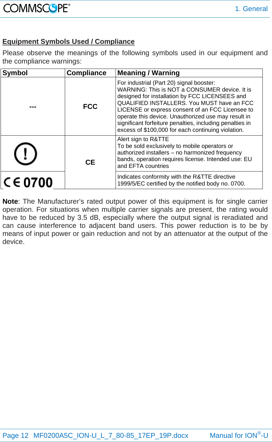  1. General Page 12  MF0200A5C_ION-U_L_7_80-85_17EP_19P.docx           Manual for ION®-U   Equipment Symbols Used / Compliance Please observe the meanings of the following symbols used in our equipment and the compliance warnings: Symbol  Compliance  Meaning / Warning --- FCC For industrial (Part 20) signal booster: WARNING: This is NOT a CONSUMER device. It is designed for installation by FCC LICENSEES and QUALIFIED INSTALLERS. You MUST have an FCC LICENSE or express consent of an FCC Licensee to operate this device. Unauthorized use may result in significant forfeiture penalties, including penalties in excess of $100,000 for each continuing violation.  CE Alert sign to R&amp;TTE To be sold exclusively to mobile operators or authorized installers – no harmonized frequency bands, operation requires license. Intended use: EU and EFTA countries  Indicates conformity with the R&amp;TTE directive 1999/5/EC certified by the notified body no. 0700.  Note: The Manufacturer’s rated output power of this equipment is for single carrier operation. For situations when multiple carrier signals are present, the rating would have to be reduced by 3.5 dB, especially where the output signal is reradiated and can cause interference to adjacent band users. This power reduction is to be by means of input power or gain reduction and not by an attenuator at the output of the device.    