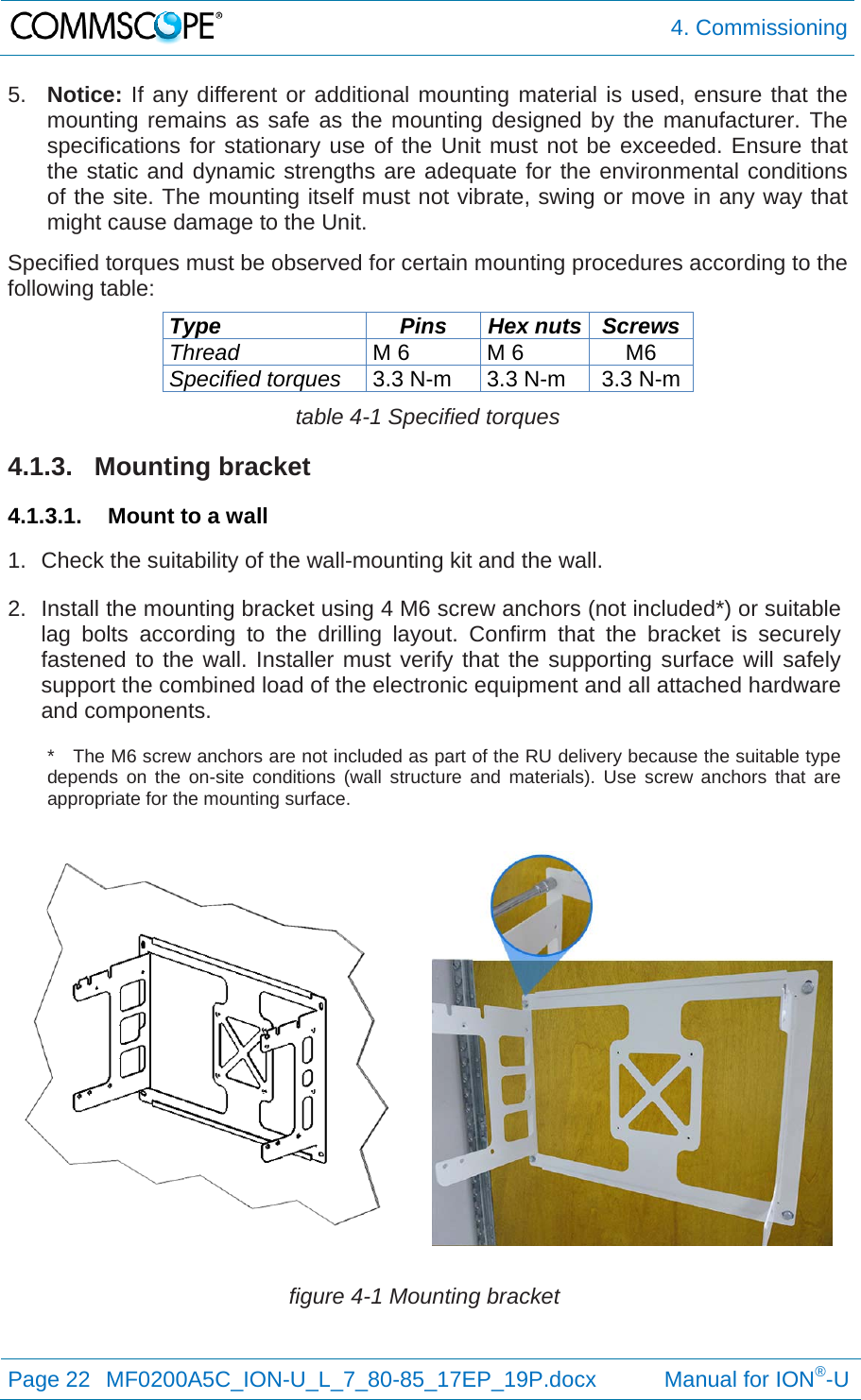  4. Commissioning Page 22  MF0200A5C_ION-U_L_7_80-85_17EP_19P.docx           Manual for ION®-U  5.  Notice: If any different or additional mounting material is used, ensure that the mounting remains as safe as the mounting designed by the manufacturer. The specifications for stationary use of the Unit must not be exceeded. Ensure that the static and dynamic strengths are adequate for the environmental conditions of the site. The mounting itself must not vibrate, swing or move in any way that might cause damage to the Unit. Specified torques must be observed for certain mounting procedures according to the following table: Type Pins Hex nuts Screws Thread M 6  M 6  M6 Specified torques 3.3 N-m  3.3 N-m  3.3 N-m table 4-1 Specified torques 4.1.3. Mounting bracket 4.1.3.1.  Mount to a wall  1.  Check the suitability of the wall-mounting kit and the wall.  2.  Install the mounting bracket using 4 M6 screw anchors (not included*) or suitable lag bolts according to the drilling layout. Confirm that the bracket is securely fastened to the wall. Installer must verify that the supporting surface will safely support the combined load of the electronic equipment and all attached hardware and components. *  The M6 screw anchors are not included as part of the RU delivery because the suitable type depends on the on-site conditions (wall structure and materials). Use screw anchors that are appropriate for the mounting surface.  figure 4-1 Mounting bracket 