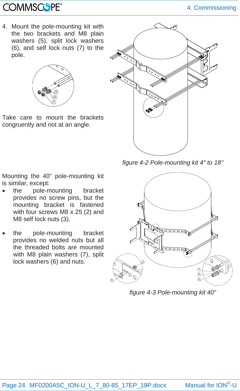  4. Commissioning Page 24  MF0200A5C_ION-U_L_7_80-85_17EP_19P.docx           Manual for ION®-U  4.  Mount the pole-mounting kit with the two brackets and M8 plain washers (5), split lock washers (6), and self lock nuts (7) to the pole.   Take care to mount the brackets congruently and not at an angle.   figure 4-2 Pole-mounting kit 4&quot; to 18&quot; Mounting the 40” pole-mounting kit is similar, except:  the  pole-mounting  bracket provides no screw pins, but the mounting bracket is fastened with four screws M8 x 25 (2) and M8 self lock nuts (3).  the  pole-mounting  bracket provides no welded nuts but all the threaded bolts are mounted with M8 plain washers (7), split lock washers (6) and nuts.  figure 4-3 Pole-mounting kit 40”   76523367