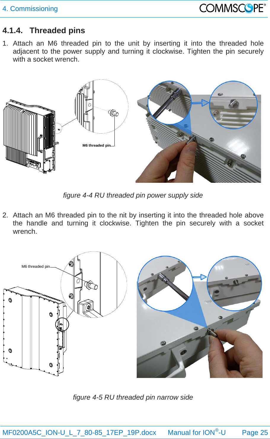 4. Commissioning  MF0200A5C_ION-U_L_7_80-85_17EP_19P.docx      Manual for ION®-U Page 25 4.1.4. Threaded pins 1. Attach an M6 threaded pin to the unit by inserting it into the threaded hole adjacent to the power supply and turning it clockwise. Tighten the pin securely with a socket wrench.  figure 4-4 RU threaded pin power supply side 2.  Attach an M6 threaded pin to the nit by inserting it into the threaded hole above the handle and turning it clockwise. Tighten the pin securely with a socket wrench.  figure 4-5 RU threaded pin narrow side M6 threaded pinM6 threaded pin