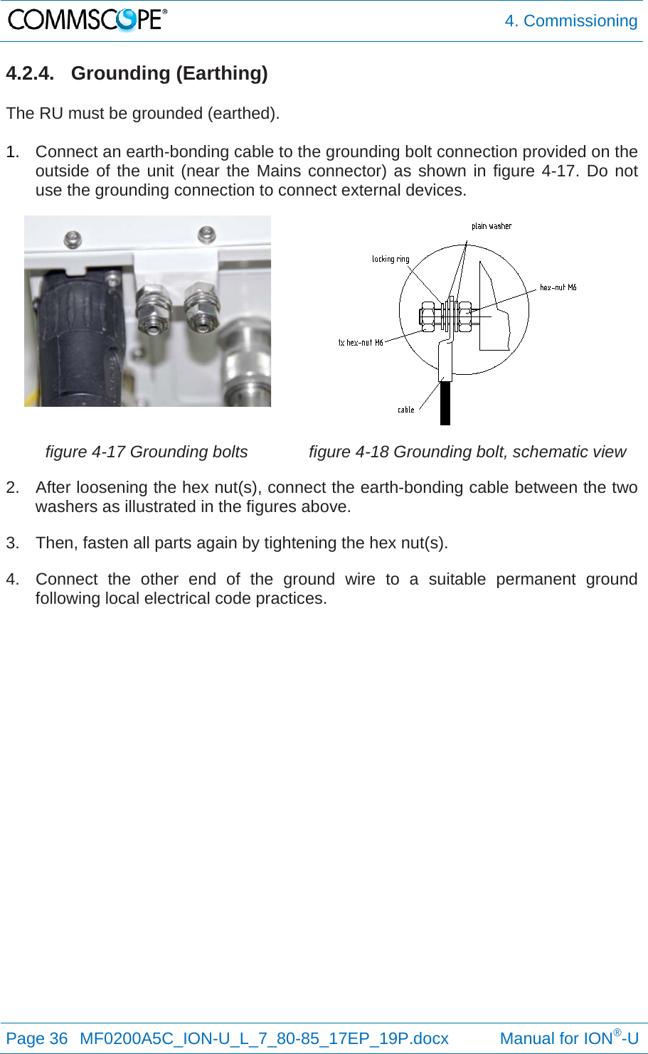  4. Commissioning Page 36  MF0200A5C_ION-U_L_7_80-85_17EP_19P.docx           Manual for ION®-U  4.2.4. Grounding (Earthing)  The RU must be grounded (earthed).  1.  Connect an earth-bonding cable to the grounding bolt connection provided on the outside of the unit (near the Mains connector) as shown in figure 4-17. Do not use the grounding connection to connect external devices.  figure 4-17 Grounding bolts  figure 4-18 Grounding bolt, schematic view 2.  After loosening the hex nut(s), connect the earth-bonding cable between the two washers as illustrated in the figures above. 3.  Then, fasten all parts again by tightening the hex nut(s). 4.  Connect the other end of the ground wire to a suitable permanent ground following local electrical code practices. 