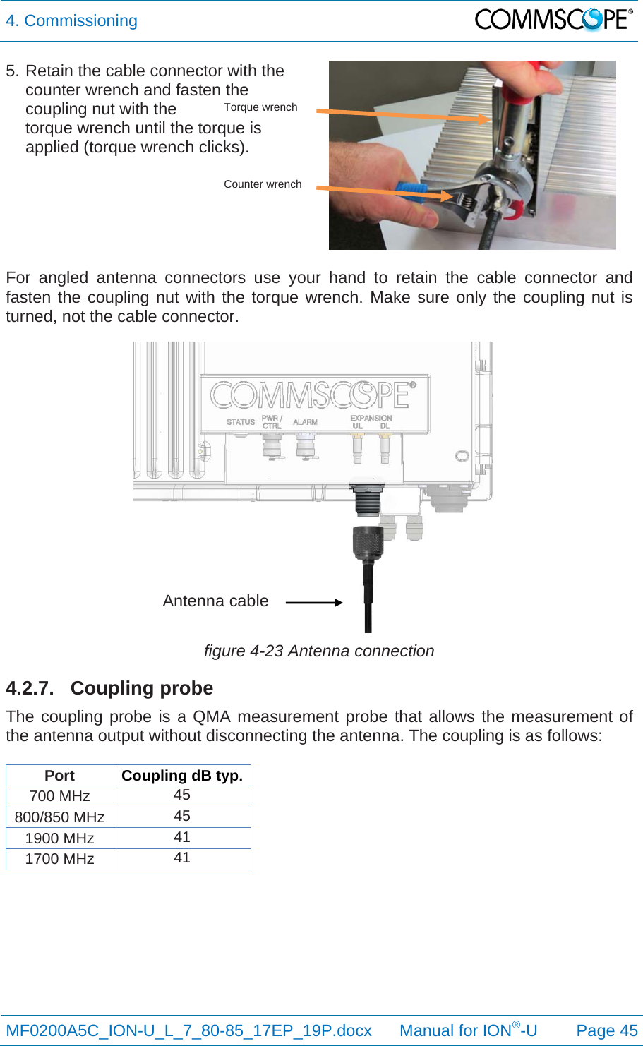 4. Commissioning  MF0200A5C_ION-U_L_7_80-85_17EP_19P.docx      Manual for ION®-U Page 45 5. Retain the cable connector with the counter wrench and fasten the coupling nut with the  torque wrench until the torque is applied (torque wrench clicks).   For angled antenna connectors use your hand to retain the cable connector and fasten the coupling nut with the torque wrench. Make sure only the coupling nut is turned, not the cable connector.  figure 4-23 Antenna connection 4.2.7. Coupling probe The coupling probe is a QMA measurement probe that allows the measurement of the antenna output without disconnecting the antenna. The coupling is as follows:  Port  Coupling dB typ.700 MHz  45 800/850 MHz  45 1900 MHz  41 1700 MHz  41     Antenna cable Torque wrenchCounter wrench 