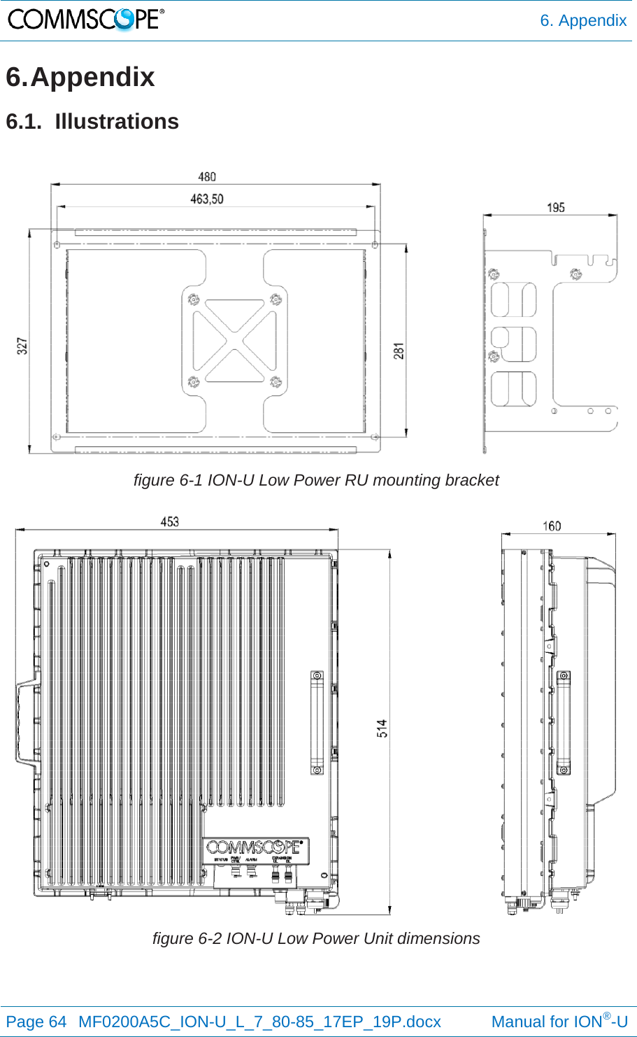  6. Appendix Page 64  MF0200A5C_ION-U_L_7_80-85_17EP_19P.docx           Manual for ION®-U  6. Appendix 6.1. Illustrations   figure 6-1 ION-U Low Power RU mounting bracket  figure 6-2 ION-U Low Power Unit dimensions   