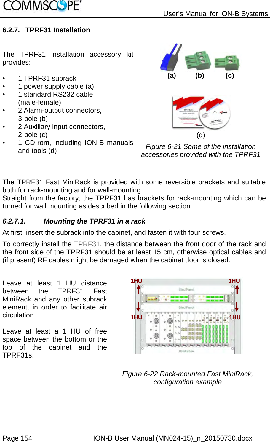   User’s Manual for ION-B Systems Page 154    ION-B User Manual (MN024-15)_n_20150730.docx  6.2.7. TPRF31 Installation  The TPRF31 installation accessory kit provides:  •  1 TPRF31 subrack  •  1 power supply cable (a) •  1 standard RS232 cable  (male-female) • 2 Alarm-output connectors,  3-pole (b) •  2 Auxiliary input connectors,  2-pole (c) •  1 CD-rom, including ION-B manuals and tools (d)  (a)          (b)           (c)    (d) Figure 6-21 Some of the installation accessories provided with the TPRF31  The TPRF31 Fast MiniRack is provided with some reversible brackets and suitable both for rack-mounting and for wall-mounting. Straight from the factory, the TPRF31 has brackets for rack-mounting which can be turned for wall mounting as described in the following section. 6.2.7.1.  Mounting the TPRF31 in a rack At first, insert the subrack into the cabinet, and fasten it with four screws. To correctly install the TPRF31, the distance between the front door of the rack and the front side of the TPRF31 should be at least 15 cm, otherwise optical cables and (if present) RF cables might be damaged when the cabinet door is closed.  Leave at least 1 HU distance between the TPRF31 Fast MiniRack and any other subrack element, in order to facilitate air circulation.  Leave at least a 1 HU of free space between the bottom or the top of the cabinet and the TPRF31s.     Figure 6-22 Rack-mounted Fast MiniRack, configuration example  1HU 1HU 1HU 1HU 