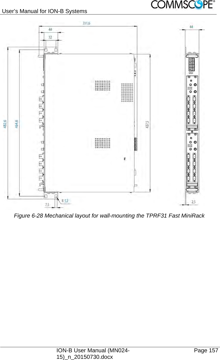 User’s Manual for ION-B Systems    ION-B User Manual (MN024-15)_n_20150730.docx  Page 157  Figure 6-28 Mechanical layout for wall-mounting the TPRF31 Fast MiniRack  
