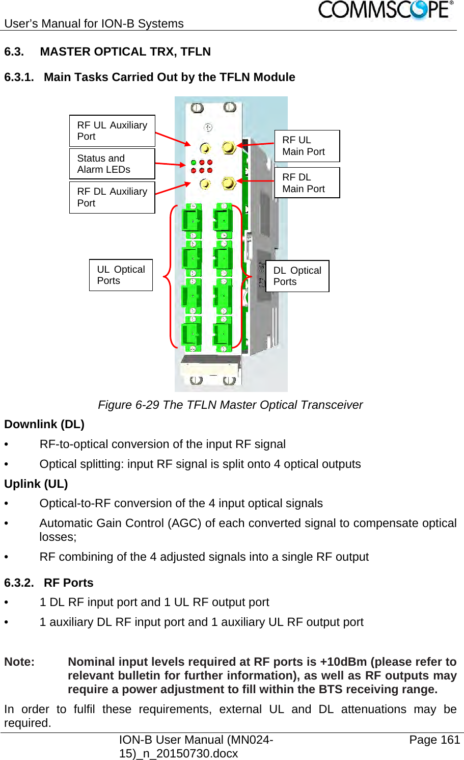 User’s Manual for ION-B Systems    ION-B User Manual (MN024-15)_n_20150730.docx  Page 161 6.3.  MASTER OPTICAL TRX, TFLN 6.3.1.  Main Tasks Carried Out by the TFLN Module   Figure 6-29 The TFLN Master Optical Transceiver Downlink (DL) •  RF-to-optical conversion of the input RF signal •  Optical splitting: input RF signal is split onto 4 optical outputs Uplink (UL) •  Optical-to-RF conversion of the 4 input optical signals •  Automatic Gain Control (AGC) of each converted signal to compensate optical losses; •  RF combining of the 4 adjusted signals into a single RF output 6.3.2. RF Ports •  1 DL RF input port and 1 UL RF output port •  1 auxiliary DL RF input port and 1 auxiliary UL RF output port  Note:  Nominal input levels required at RF ports is +10dBm (please refer to relevant bulletin for further information), as well as RF outputs may require a power adjustment to fill within the BTS receiving range. In order to fulfil these requirements, external UL and DL attenuations may be required. RF UL Auxiliary Port Status and Alarm LEDs RF DL Auxiliary Port UL Optical Ports RF UL Main Port RF DL Main PortDL Optical Ports 
