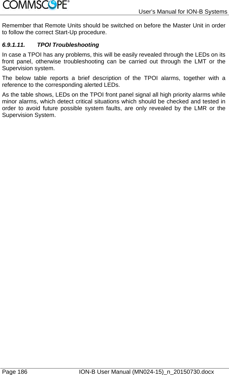   User’s Manual for ION-B Systems Page 186    ION-B User Manual (MN024-15)_n_20150730.docx  Remember that Remote Units should be switched on before the Master Unit in order to follow the correct Start-Up procedure. 6.9.1.11. TPOI Troubleshooting In case a TPOI has any problems, this will be easily revealed through the LEDs on its front panel, otherwise troubleshooting can be carried out through the LMT or the Supervision system. The below table reports a brief description of the TPOI alarms, together with a reference to the corresponding alerted LEDs. As the table shows, LEDs on the TPOI front panel signal all high priority alarms while minor alarms, which detect critical situations which should be checked and tested in order to avoid future possible system faults, are only revealed by the LMR or the Supervision System.   