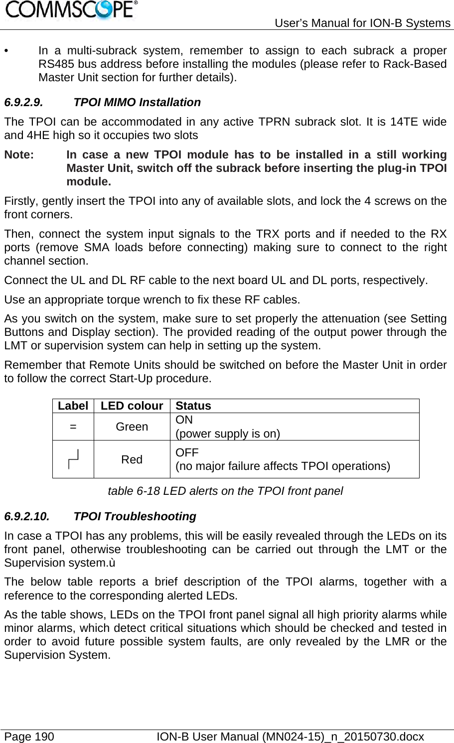   User’s Manual for ION-B Systems Page 190    ION-B User Manual (MN024-15)_n_20150730.docx  •  In a multi-subrack system, remember to assign to each subrack a proper RS485 bus address before installing the modules (please refer to Rack-Based Master Unit section for further details). 6.9.2.9. TPOI MIMO Installation The TPOI can be accommodated in any active TPRN subrack slot. It is 14TE wide and 4HE high so it occupies two slots Note:  In case a new TPOI module has to be installed in a still working Master Unit, switch off the subrack before inserting the plug-in TPOI module.  Firstly, gently insert the TPOI into any of available slots, and lock the 4 screws on the front corners. Then, connect the system input signals to the TRX ports and if needed to the RX ports (remove SMA loads before connecting) making sure to connect to the right channel section. Connect the UL and DL RF cable to the next board UL and DL ports, respectively.  Use an appropriate torque wrench to fix these RF cables. As you switch on the system, make sure to set properly the attenuation (see Setting Buttons and Display section). The provided reading of the output power through the LMT or supervision system can help in setting up the system. Remember that Remote Units should be switched on before the Master Unit in order to follow the correct Start-Up procedure.  Label LED colour Status = Green ON (power supply is on)  Red  OFF (no major failure affects TPOI operations) table 6-18 LED alerts on the TPOI front panel 6.9.2.10. TPOI Troubleshooting In case a TPOI has any problems, this will be easily revealed through the LEDs on its front panel, otherwise troubleshooting can be carried out through the LMT or the Supervision system.ù The below table reports a brief description of the TPOI alarms, together with a reference to the corresponding alerted LEDs. As the table shows, LEDs on the TPOI front panel signal all high priority alarms while minor alarms, which detect critical situations which should be checked and tested in order to avoid future possible system faults, are only revealed by the LMR or the Supervision System.   