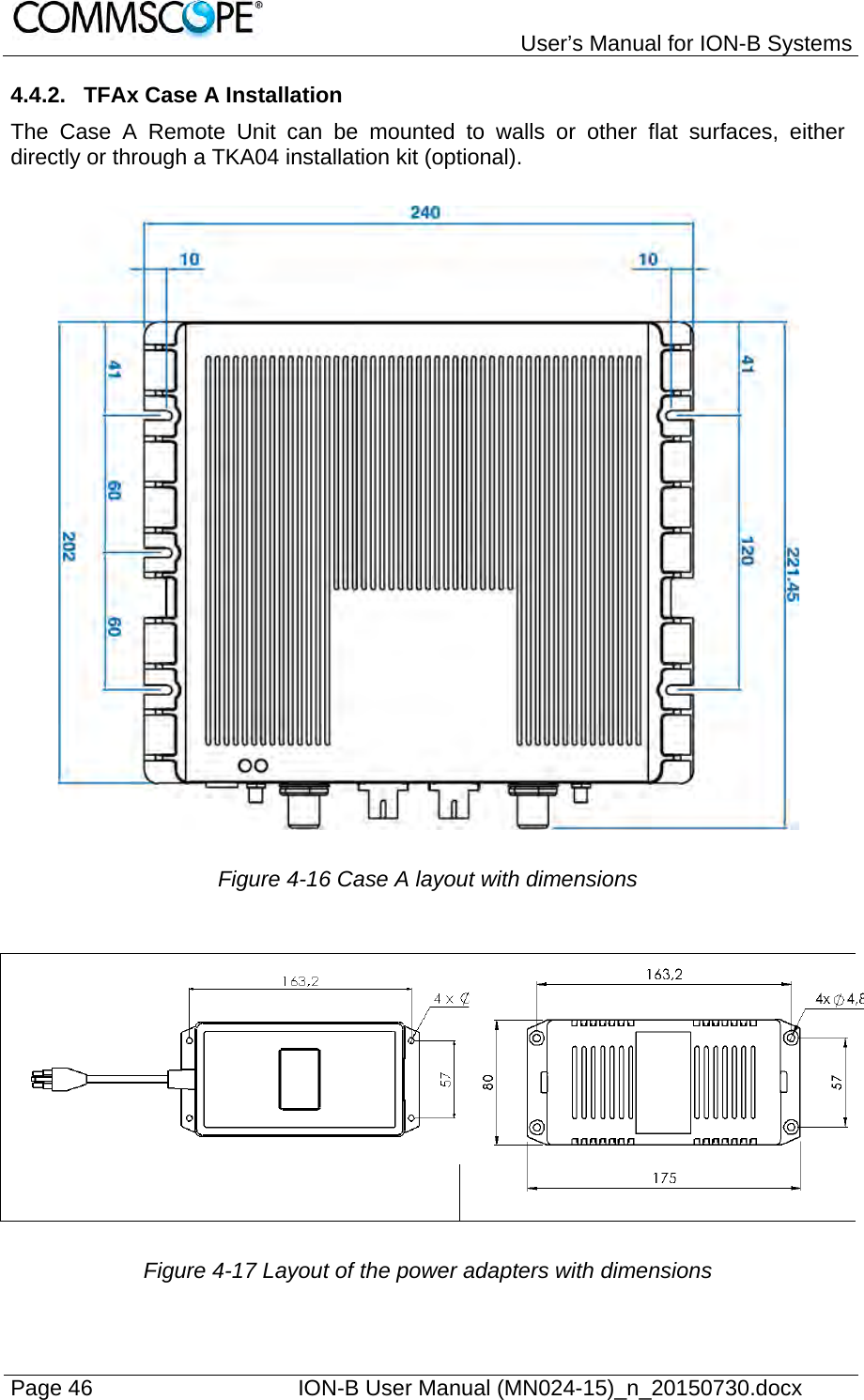   User’s Manual for ION-B Systems Page 46    ION-B User Manual (MN024-15)_n_20150730.docx  4.4.2.  TFAx Case A Installation The Case A Remote Unit can be mounted to walls or other flat surfaces, either directly or through a TKA04 installation kit (optional).    Figure 4-16 Case A layout with dimensions    Figure 4-17 Layout of the power adapters with dimensions 