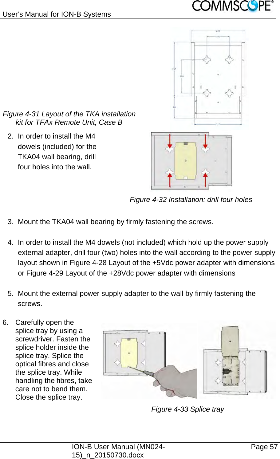 User’s Manual for ION-B Systems    ION-B User Manual (MN024-15)_n_20150730.docx  Page 57 Figure 4-31 Layout of the TKA installation kit for TFAx Remote Unit, Case B   2.  In order to install the M4 dowels (included) for the TKA04 wall bearing, drill four holes into the wall.    Figure 4-32 Installation: drill four holes   3.  Mount the TKA04 wall bearing by firmly fastening the screws.  4.  In order to install the M4 dowels (not included) which hold up the power supply external adapter, drill four (two) holes into the wall according to the power supply layout shown in Figure 4-28 Layout of the +5Vdc power adapter with dimensions or Figure 4-29 Layout of the +28Vdc power adapter with dimensions  5.  Mount the external power supply adapter to the wall by firmly fastening the screws.  6.  Carefully open the splice tray by using a screwdriver. Fasten the splice holder inside the splice tray. Splice the optical fibres and close the splice tray. While handling the fibres, take care not to bend them. Close the splice tray.   Figure 4-33 Splice tray 