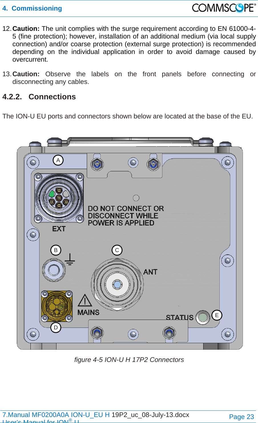 4.  Commissioning  7.Manual MF0200A0A ION-U_EU H 19P2_uc_08-July-13.docx   User’s Manual for ION®UPage 23 12. Caution: The unit complies with the surge requirement according to EN 61000-4-5 (fine protection); however, installation of an additional medium (via local supply connection) and/or coarse protection (external surge protection) is recommended depending on the individual application in order to avoid damage caused by overcurrent. 13. Caution: Observe the labels on the front panels before connecting or disconnecting any cables. 4.2.2. Connections  The ION-U EU ports and connectors shown below are located at the base of the EU.   figure 4-5 ION-U H 17P2 Connectors      A B  CD E 