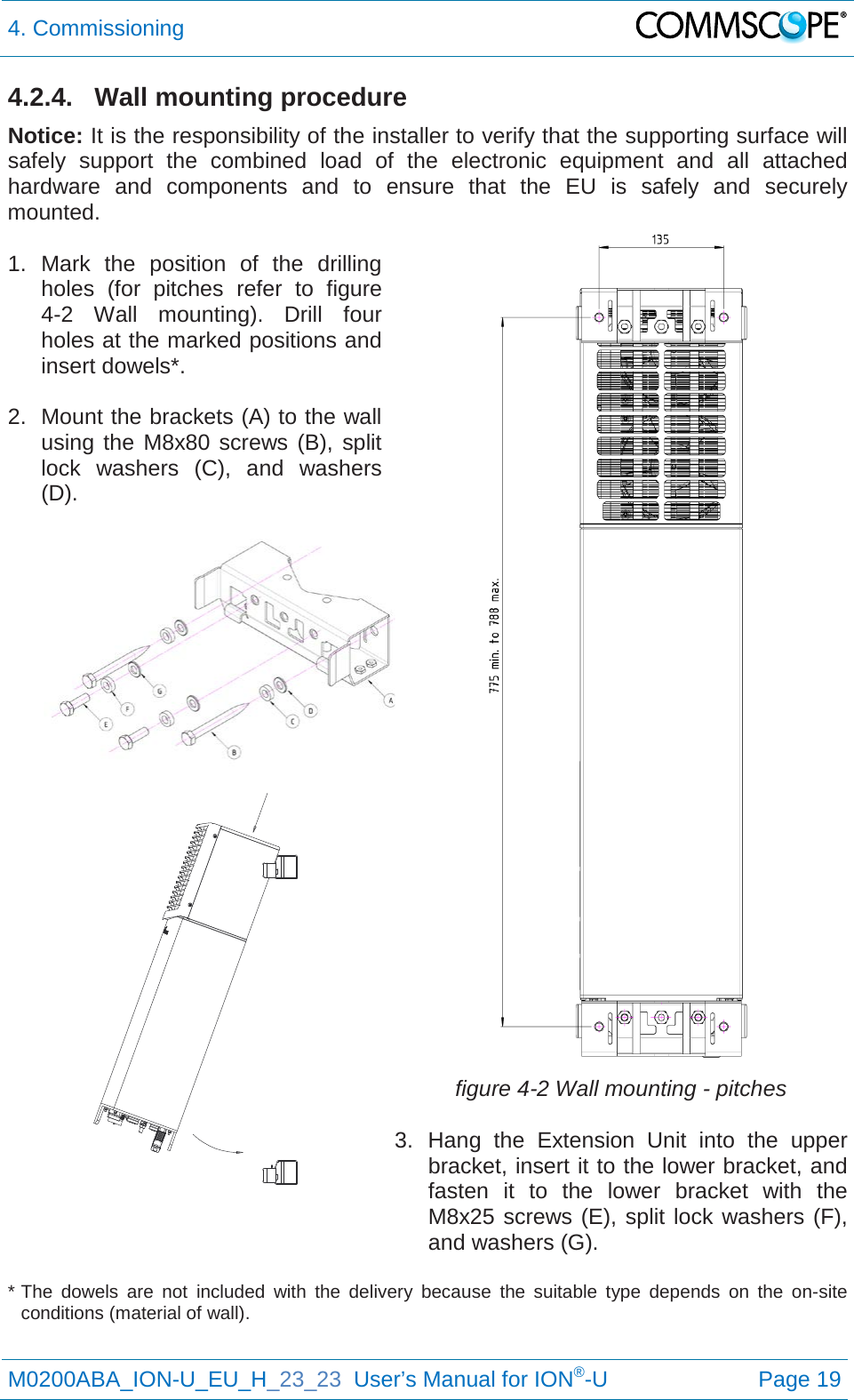 4. Commissioning   M0200ABA_ION-U_EU_H_23_23  User’s Manual for ION®-U  Page 19  4.2.4. Wall mounting procedure Notice: It is the responsibility of the installer to verify that the supporting surface will safely support the combined load of the electronic equipment and all attached hardware and components and to ensure that the EU is safely and securely mounted.  1. Mark the position of the drilling holes (for pitches refer to figure 4-2  Wall mounting). Drill four holes at the marked positions and insert dowels*.  2.  Mount the brackets (A) to the wall using the M8x80 screws (B), split lock  washers (C),  and washers (D).       figure 4-2 Wall mounting - pitches  3. Hang the Extension Unit into the upper bracket, insert it to the lower bracket, and fasten it to the lower bracket with the M8x25 screws (E), split lock washers (F), and washers (G).  * The dowels are not included with the delivery  because the suitable type depends on the on-site conditions (material of wall).  