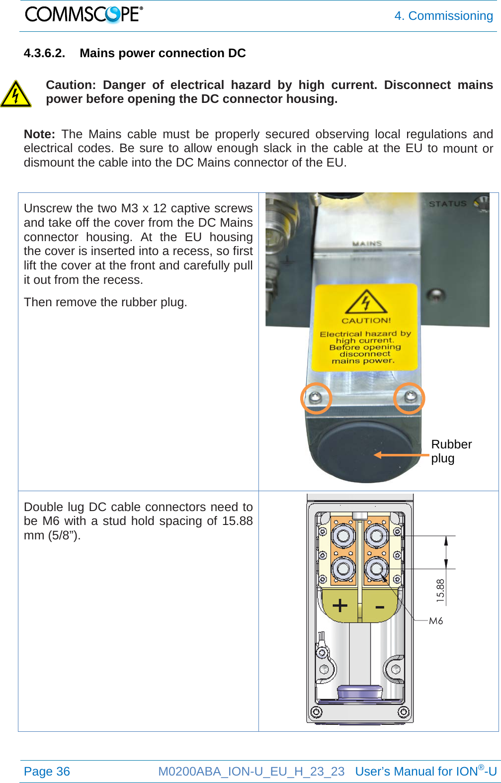  4. Commissioning  Page 36 M0200ABA_ION-U_EU_H_23_23   User’s Manual for ION®-U  4.3.6.2. Mains power connection DC  Caution: Danger of electrical hazard by high current.  Disconnect mains power before opening the DC connector housing. Note: The Mains cable must be properly secured observing local regulations and electrical codes. Be sure to allow enough slack in the cable at the EU to mount or dismount the cable into the DC Mains connector of the EU.  Unscrew the two M3 x 12 captive screws and take off the cover from the DC Mains connector housing. At the EU housing the cover is inserted into a recess, so first lift the cover at the front and carefully pull it out from the recess. Then remove the rubber plug.  Double lug DC cable connectors need to be M6 with a stud hold spacing of 15.88 mm (5/8”).     Rubber plug 