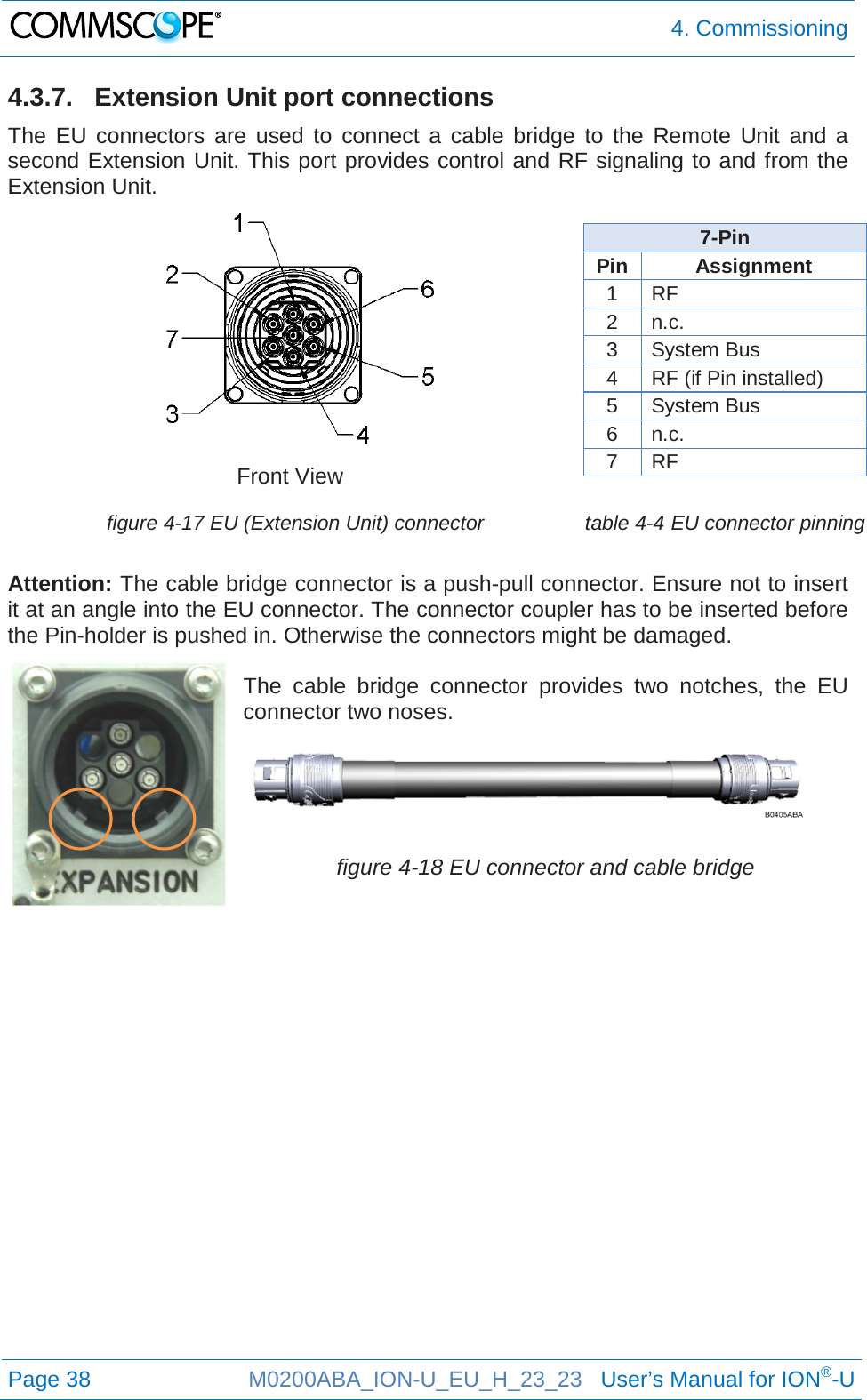  4. Commissioning  Page 38 M0200ABA_ION-U_EU_H_23_23   User’s Manual for ION®-U  4.3.7.  Extension Unit port connections The EU connectors  are used to connect a cable bridge to  the Remote Unit and a second Extension Unit. This port provides control and RF signaling to and from the Extension Unit.  Front View 7-Pin  Pin Assignment 1 RF 2 n.c. 3 System Bus 4 RF (if Pin installed) 5 System Bus 6 n.c. 7 RF  figure 4-17 EU (Extension Unit) connector table 4-4 EU connector pinning  Attention: The cable bridge connector is a push-pull connector. Ensure not to insert it at an angle into the EU connector. The connector coupler has to be inserted before the Pin-holder is pushed in. Otherwise the connectors might be damaged.  The cable bridge connector provides two notches, the EU connector two noses.    figure 4-18 EU connector and cable bridge     