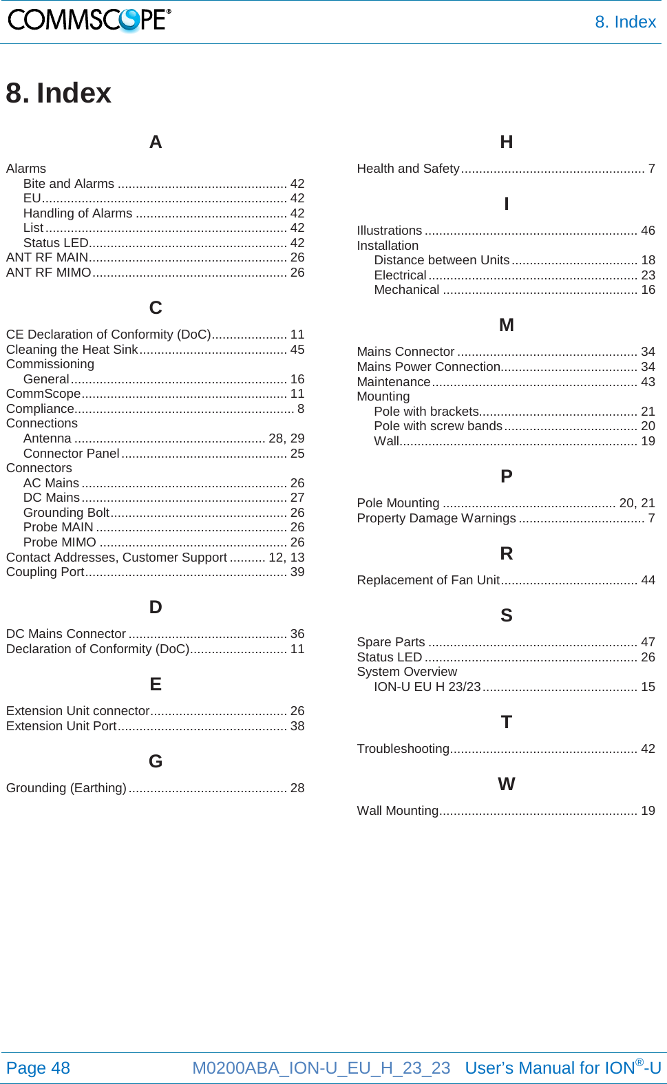  8. Index  Page 48 M0200ABA_ION-U_EU_H_23_23   User’s Manual for ION®-U  8. Index A Alarms Bite and Alarms ............................................... 42 EU .................................................................... 42 Handling of Alarms .......................................... 42 List ................................................................... 42 Status LED ....................................................... 42 ANT RF MAIN ....................................................... 26 ANT RF MIMO ...................................................... 26 C CE Declaration of Conformity (DoC) ..................... 11 Cleaning the Heat Sink ......................................... 45 Commissioning General ............................................................ 16 CommScope ......................................................... 11 Compliance............................................................. 8 Connections Antenna ..................................................... 28, 29 Connector Panel .............................................. 25 Connectors AC Mains ......................................................... 26 DC Mains ......................................................... 27 Grounding Bolt ................................................. 26 Probe MAIN ..................................................... 26 Probe MIMO .................................................... 26 Contact Addresses, Customer Support .......... 12, 13 Coupling Port ........................................................ 39 D DC Mains Connector ............................................ 36 Declaration of Conformity (DoC) ........................... 11 E Extension Unit connector ...................................... 26 Extension Unit Port ............................................... 38 G Grounding (Earthing) ............................................ 28 H Health and Safety ................................................... 7 I Illustrations ........................................................... 46 Installation Distance between Units ................................... 18 Electrical .......................................................... 23 Mechanical ...................................................... 16 M Mains Connector .................................................. 34 Mains Power Connection ...................................... 34 Maintenance ......................................................... 43 Mounting Pole with brackets............................................ 21 Pole with screw bands ..................................... 20 Wall .................................................................. 19 P Pole Mounting ................................................ 20, 21 Property Damage Warnings ................................... 7 R Replacement of Fan Unit ...................................... 44 S Spare Parts .......................................................... 47 Status LED ........................................................... 26 System Overview ION-U EU H 23/23 ........................................... 15 T Troubleshooting .................................................... 42 W Wall Mounting ....................................................... 19  