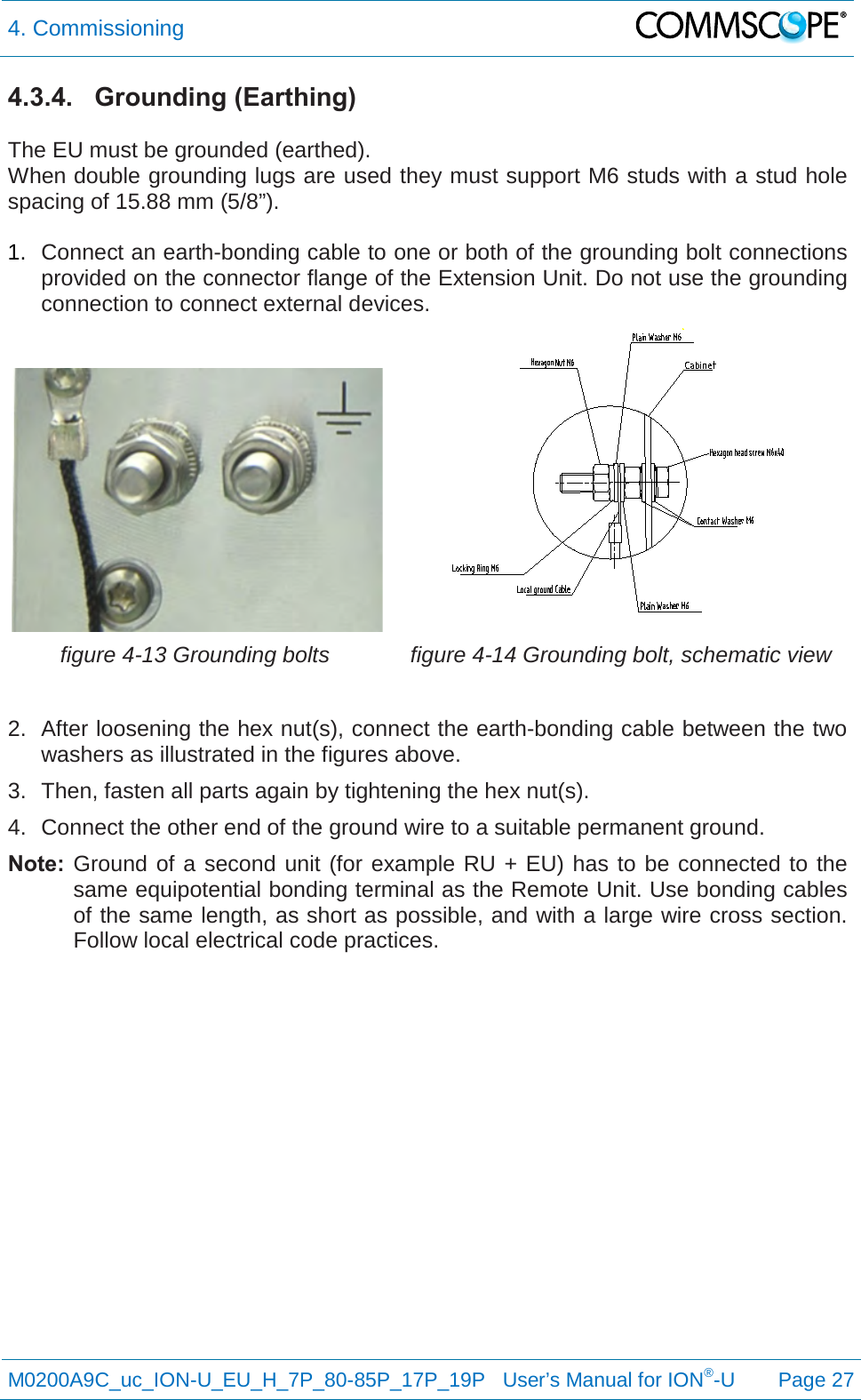 4. Commissioning   M0200A9C_uc_ION-U_EU_H_7P_80-85P_17P_19P   User’s Manual for ION®-U  Page 27  4.3.4. Grounding (Earthing)  The EU must be grounded (earthed). When double grounding lugs are used they must support M6 studs with a stud hole spacing of 15.88 mm (5/8”).  1. Connect an earth-bonding cable to one or both of the grounding bolt connections provided on the connector flange of the Extension Unit. Do not use the grounding connection to connect external devices.   figure 4-13 Grounding bolts  figure 4-14 Grounding bolt, schematic view  2. After loosening the hex nut(s), connect the earth-bonding cable between the two washers as illustrated in the figures above. 3. Then, fasten all parts again by tightening the hex nut(s). 4. Connect the other end of the ground wire to a suitable permanent ground. Note: Ground of a second unit (for example RU + EU) has to be connected to the same equipotential bonding terminal as the Remote Unit. Use bonding cables of the same length, as short as possible, and with a large wire cross section. Follow local electrical code practices.   