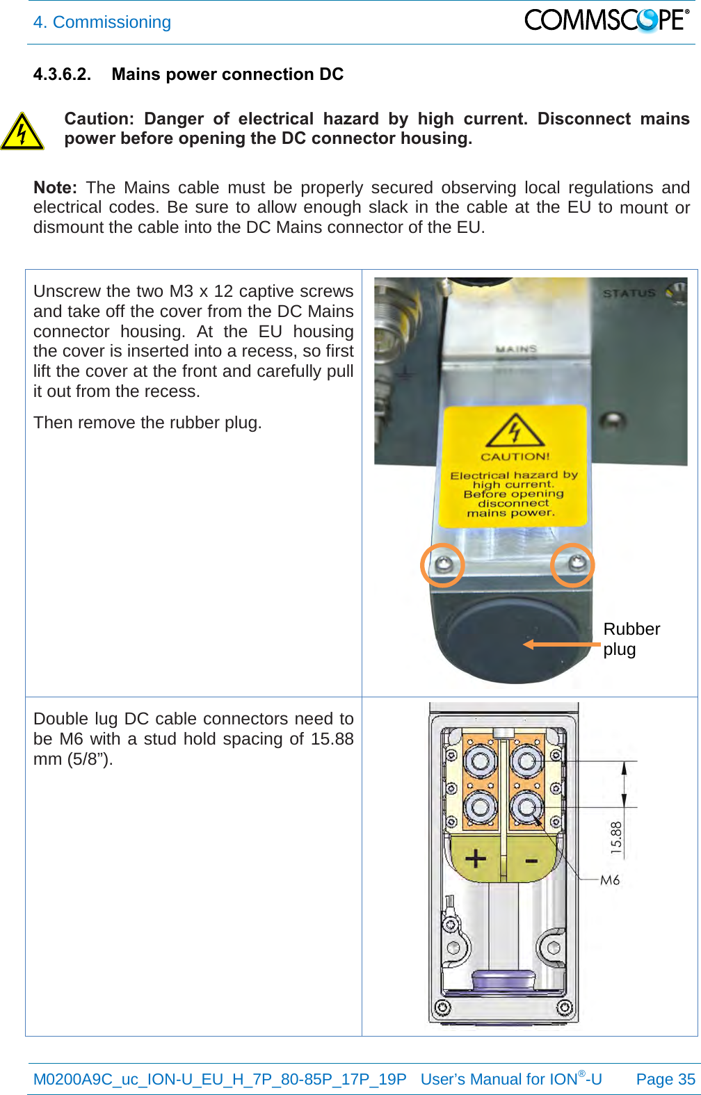 4. Commissioning   M0200A9C_uc_ION-U_EU_H_7P_80-85P_17P_19P   User’s Manual for ION®-U  Page 35  4.3.6.2. Mains power connection DC  Caution: Danger of electrical hazard by high current.  Disconnect mains power before opening the DC connector housing. Note: The Mains cable must be properly secured observing local regulations and electrical codes. Be sure to allow enough slack in the cable at the EU to mount or dismount the cable into the DC Mains connector of the EU.  Unscrew the two M3 x 12 captive screws and take off the cover from the DC Mains connector housing. At the EU housing the cover is inserted into a recess, so first lift the cover at the front and carefully pull it out from the recess. Then remove the rubber plug.  Double lug DC cable connectors need to be M6 with a stud hold spacing of 15.88 mm (5/8”).     Rubber plug 
