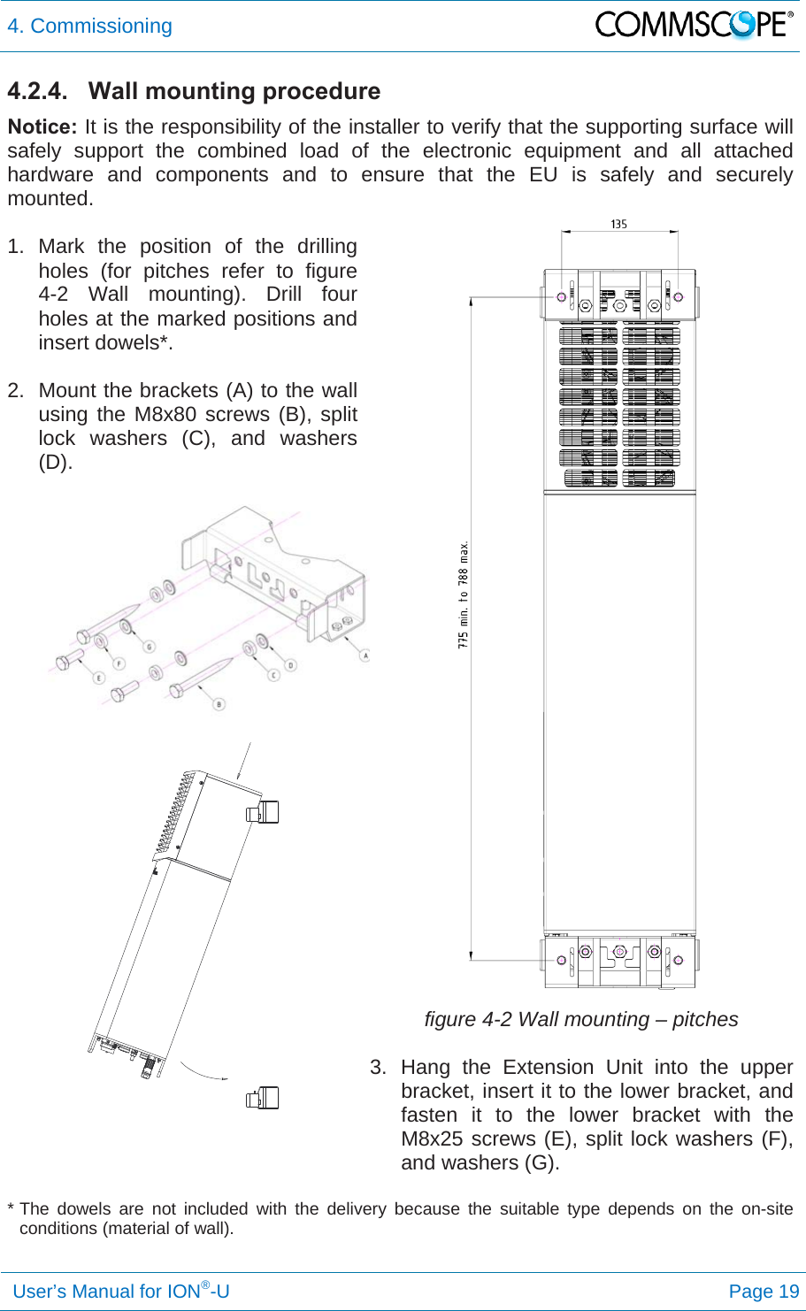 4. Commissioning   User’s Manual for ION®-U Page 19 4.2.4.  Wall mounting procedure Notice: It is the responsibility of the installer to verify that the supporting surface will safely support the combined load of the electronic equipment and all attached hardware and components and to ensure that the EU is safely and securely mounted.  1. Mark the position of the drilling holes (for pitches refer to figure 4-2 Wall mounting). Drill four holes at the marked positions and insert dowels*.  2.  Mount the brackets (A) to the wall using the M8x80 screws (B), split lock washers (C), and washers (D).      figure 4-2 Wall mounting – pitches  3. Hang the Extension Unit into the upper bracket, insert it to the lower bracket, and fasten it to the lower bracket with the M8x25 screws (E), split lock washers (F), and washers (G).   * The dowels are not included with the delivery because the suitable type depends on the on-site conditions (material of wall).  