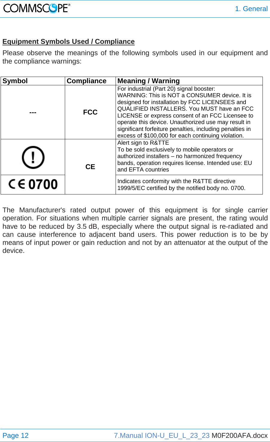  1. General Page 12  7.Manual ION-U_EU_L_23_23 M0F200AFA.docx   Equipment Symbols Used / Compliance Please observe the meanings of the following symbols used in our equipment and the compliance warnings:  Symbol  Compliance  Meaning / Warning --- FCC For industrial (Part 20) signal booster: WARNING: This is NOT a CONSUMER device. It is designed for installation by FCC LICENSEES and QUALIFIED INSTALLERS. You MUST have an FCC LICENSE or express consent of an FCC Licensee to operate this device. Unauthorized use may result in significant forfeiture penalties, including penalties in excess of $100,000 for each continuing violation.  CE Alert sign to R&amp;TTE To be sold exclusively to mobile operators or authorized installers – no harmonized frequency bands, operation requires license. Intended use: EU and EFTA countries  Indicates conformity with the R&amp;TTE directive 1999/5/EC certified by the notified body no. 0700.  The Manufacturer&apos;s rated output power of this equipment is for single carrier operation. For situations when multiple carrier signals are present, the rating would have to be reduced by 3.5 dB, especially where the output signal is re-radiated and can cause interference to adjacent band users. This power reduction is to be by means of input power or gain reduction and not by an attenuator at the output of the device.   