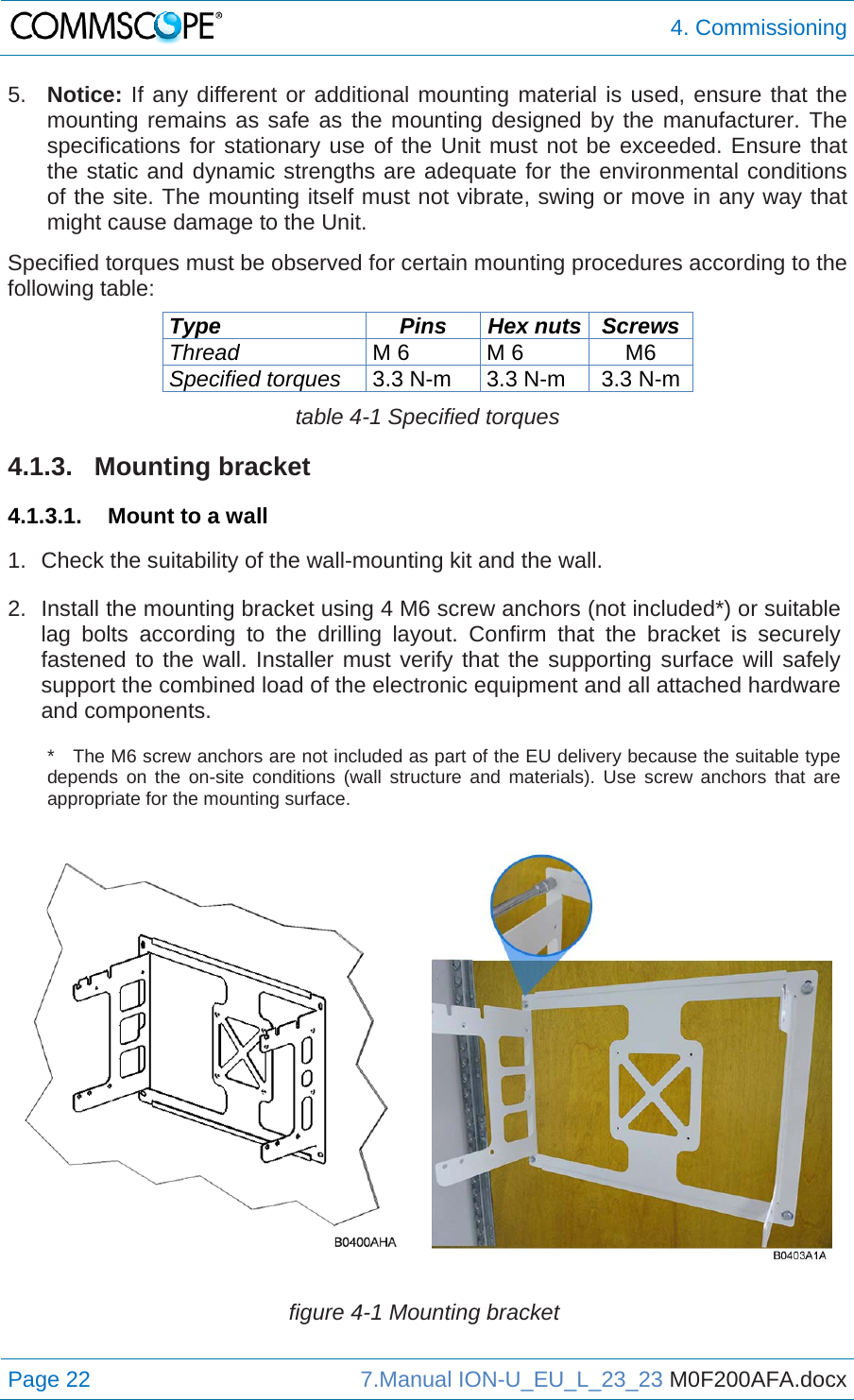  4. Commissioning Page 22  7.Manual ION-U_EU_L_23_23 M0F200AFA.docx  5.  Notice: If any different or additional mounting material is used, ensure that the mounting remains as safe as the mounting designed by the manufacturer. The specifications for stationary use of the Unit must not be exceeded. Ensure that the static and dynamic strengths are adequate for the environmental conditions of the site. The mounting itself must not vibrate, swing or move in any way that might cause damage to the Unit. Specified torques must be observed for certain mounting procedures according to the following table: Type Pins Hex nuts Screws Thread M 6  M 6  M6 Specified torques 3.3 N-m  3.3 N-m  3.3 N-m table 4-1 Specified torques 4.1.3. Mounting bracket 4.1.3.1.  Mount to a wall  1.  Check the suitability of the wall-mounting kit and the wall.  2.  Install the mounting bracket using 4 M6 screw anchors (not included*) or suitable lag bolts according to the drilling layout. Confirm that the bracket is securely fastened to the wall. Installer must verify that the supporting surface will safely support the combined load of the electronic equipment and all attached hardware and components. *  The M6 screw anchors are not included as part of the EU delivery because the suitable type depends on the on-site conditions (wall structure and materials). Use screw anchors that are appropriate for the mounting surface.  figure 4-1 Mounting bracket 