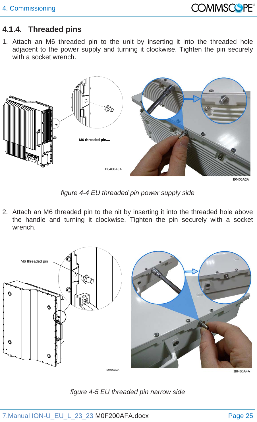 4. Commissioning  7.Manual ION-U_EU_L_23_23 M0F200AFA.docx Page 25 4.1.4. Threaded pins 1. Attach an M6 threaded pin to the unit by inserting it into the threaded hole adjacent to the power supply and turning it clockwise. Tighten the pin securely with a socket wrench.  figure 4-4 EU threaded pin power supply side 2.  Attach an M6 threaded pin to the nit by inserting it into the threaded hole above the handle and turning it clockwise. Tighten the pin securely with a socket wrench.  figure 4-5 EU threaded pin narrow side M6 threaded pinB0400AJAM6 threaded pinB0403A3A