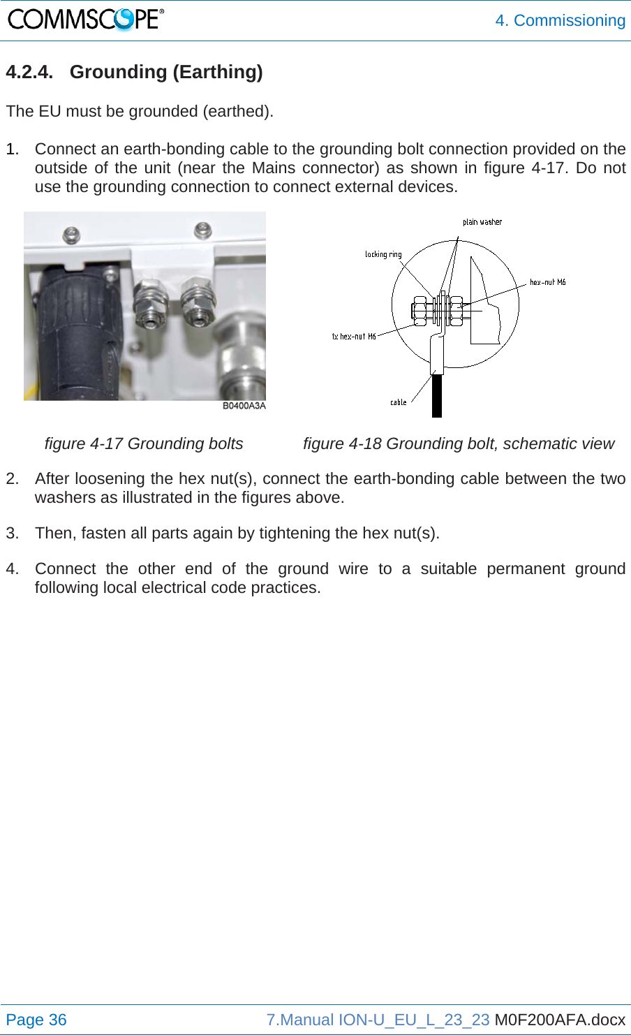  4. Commissioning Page 36  7.Manual ION-U_EU_L_23_23 M0F200AFA.docx  4.2.4. Grounding (Earthing)  The EU must be grounded (earthed).  1.  Connect an earth-bonding cable to the grounding bolt connection provided on the outside of the unit (near the Mains connector) as shown in figure 4-17. Do not use the grounding connection to connect external devices.  figure 4-17 Grounding bolts  figure 4-18 Grounding bolt, schematic view 2.  After loosening the hex nut(s), connect the earth-bonding cable between the two washers as illustrated in the figures above. 3.  Then, fasten all parts again by tightening the hex nut(s). 4.  Connect the other end of the ground wire to a suitable permanent ground following local electrical code practices. 