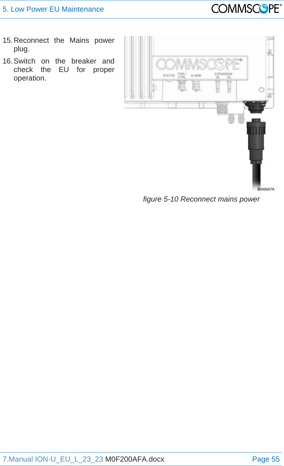 5. Low Power EU Maintenance  7.Manual ION-U_EU_L_23_23 M0F200AFA.docx Page 55 15. Reconnect the Mains power plug. 16. Switch on the breaker and check the EU for proper operation. figure 5-10 Reconnect mains power   