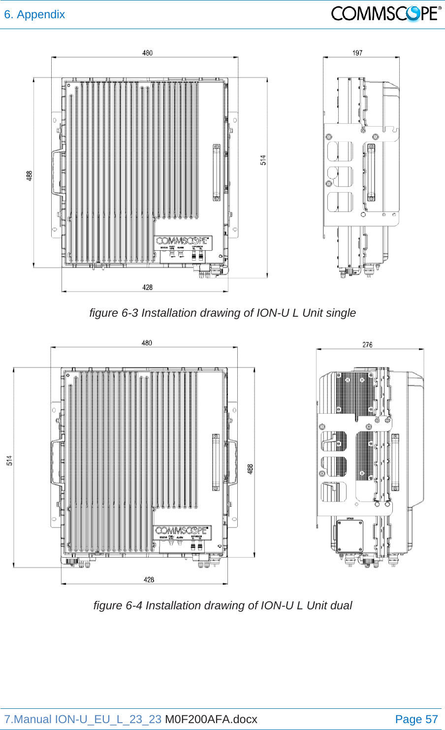 6. Appendix  7.Manual ION-U_EU_L_23_23 M0F200AFA.docx Page 57  figure 6-3 Installation drawing of ION-U L Unit single  figure 6-4 Installation drawing of ION-U L Unit dual 