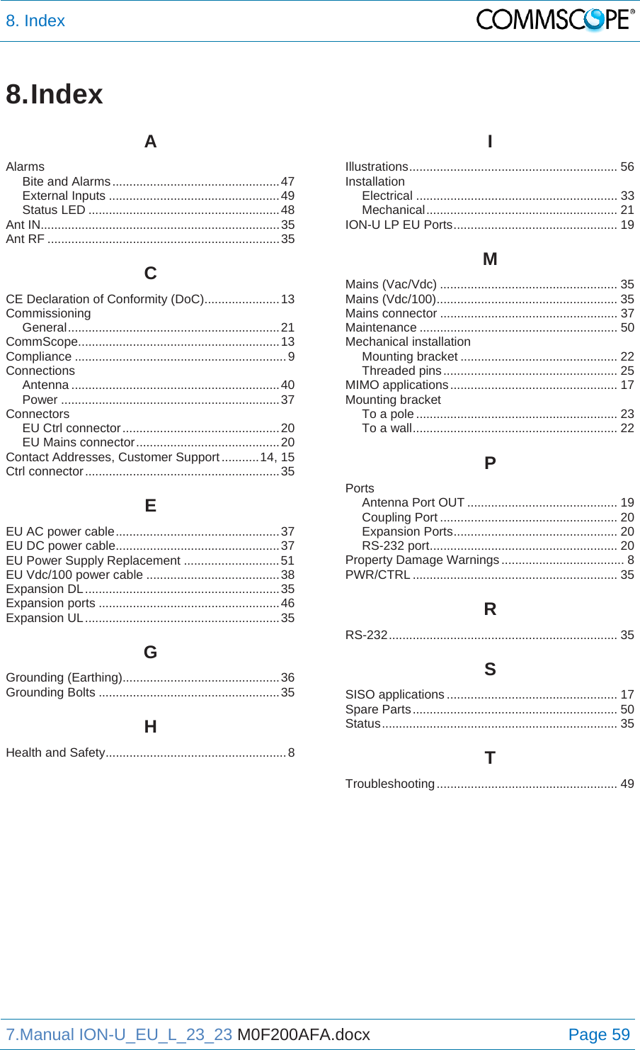 8. Index  7.Manual ION-U_EU_L_23_23 M0F200AFA.docx Page 59 8. Index AAlarms Bite and Alarms ................................................. 47 External Inputs .................................................. 49 Status LED ........................................................ 48 Ant IN...................................................................... 35 Ant RF .................................................................... 35 CCE Declaration of Conformity (DoC) ...................... 13 Commissioning General .............................................................. 21 CommScope ........................................................... 13 Compliance .............................................................. 9 Connections Antenna ............................................................. 40 Power ................................................................ 37 Connectors EU  Ctrl  connector .............................................. 20 EU Mains connector .......................................... 20 Contact Addresses, Customer Support ........... 14, 15 Ctrl connector ......................................................... 35 EEU AC power cable ................................................ 37 EU DC power cable ................................................ 37 EU Power Supply Replacement ............................ 51 EU Vdc/100 power cable ....................................... 38 Expansion DL ......................................................... 35 Expansion ports ..................................................... 46 Expansion UL ......................................................... 35 GGrounding (Earthing).............................................. 36 Grounding Bolts ..................................................... 35 HHealth and Safety ..................................................... 8 IIllustrations .............................................................  56  Installation Electrical ........................................................... 33 Mechanical ........................................................ 21 ION-U LP EU Ports ................................................ 19 MMains (Vac/Vdc) .................................................... 35 Mains (Vdc/100) ..................................................... 35 Mains connector .................................................... 37 Maintenance .......................................................... 50 Mechanical installation Mounting bracket .............................................. 22 Threaded pins ................................................... 25 MIMO applications ................................................. 17 Mounting bracket To a pole ........................................................... 23 To a wall ............................................................ 22 PPorts Antenna Port OUT ............................................ 19 Coupling Port .................................................... 20 Expansion Ports ................................................ 20 RS-232 port ....................................................... 20 Property Damage Warnings .................................... 8 PWR/CTRL ............................................................ 35 RRS-232 ...................................................................  35 SSISO applications .................................................. 17 Spare Parts ............................................................ 50 Status ..................................................................... 35 TTroubleshooting ..................................................... 49 