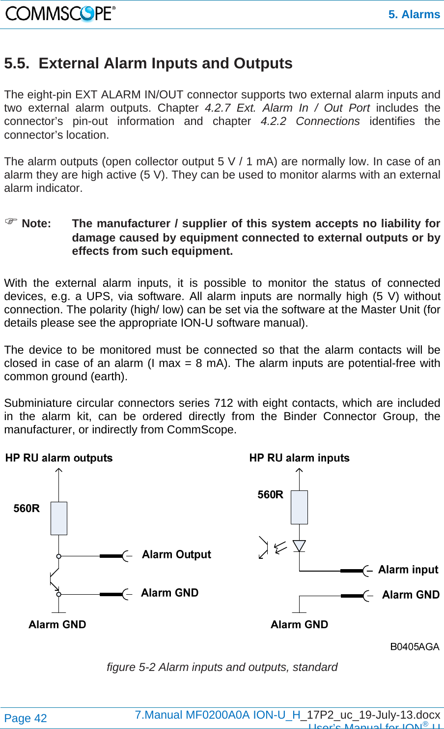  5. Alarms Page 42  7.Manual MF0200A0A ION-U_H_17P2_uc_19-July-13.docx  User’s Manual for ION®U 5.5.  External Alarm Inputs and Outputs  The eight-pin EXT ALARM IN/OUT connector supports two external alarm inputs and two external alarm outputs. Chapter 4.2.7 Ext. Alarm In / Out Port includes the connector’s pin-out information and chapter 4.2.2 Connections identifies the connector’s location.  The alarm outputs (open collector output 5 V / 1 mA) are normally low. In case of an alarm they are high active (5 V). They can be used to monitor alarms with an external alarm indicator.   Note:  The manufacturer / supplier of this system accepts no liability for damage caused by equipment connected to external outputs or by effects from such equipment.  With the external alarm inputs, it is possible to monitor the status of connected devices, e.g. a UPS, via software. All alarm inputs are normally high (5 V) without connection. The polarity (high/ low) can be set via the software at the Master Unit (for details please see the appropriate ION-U software manual).  The device to be monitored must be connected so that the alarm contacts will be closed in case of an alarm (I max = 8 mA). The alarm inputs are potential-free with common ground (earth).  Subminiature circular connectors series 712 with eight contacts, which are included in the alarm kit, can be ordered directly from the Binder Connector Group, the manufacturer, or indirectly from CommScope.   figure 5-2 Alarm inputs and outputs, standard  