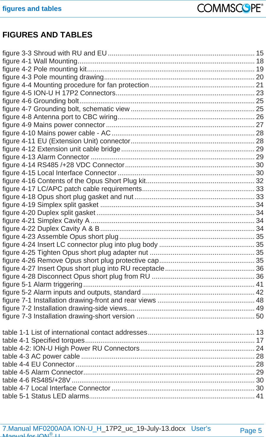 figures and tables  7.Manual MF0200A0A ION-U_H_17P2_uc_19-July-13.docx   User’s Manual for ION®UPage 5 FIGURES AND TABLES  figure 3-3 Shroud with RU and EU ............................................................................. 15figure 4-1 Wall Mounting ............................................................................................. 18figure 4-2 Pole mounting kit ........................................................................................ 19figure 4-3 Pole mounting drawing ............................................................................... 20figure 4-4 Mounting procedure for fan protection ....................................................... 21figure 4-5 ION-U H 17P2 Connectors ......................................................................... 23figure 4-6 Grounding bolt ............................................................................................ 25figure 4-7 Grounding bolt, schematic view ................................................................. 25figure 4-8 Antenna port to CBC wiring ........................................................................ 26figure 4-9 Mains power connector .............................................................................. 27figure 4-10 Mains power cable - AC ........................................................................... 28figure 4-11 EU (Extension Unit) connector ................................................................. 28figure 4-12 Extension unit cable bridge ...................................................................... 29figure 4-13 Alarm Connector ...................................................................................... 29figure 4-14 RS485 /+28 VDC Connector .................................................................... 30figure 4-15 Local Interface Connector ........................................................................ 30figure 4-16 Contents of the Opus Short Plug kit ......................................................... 32figure 4-17 LC/APC patch cable requirements ........................................................... 33figure 4-18 Opus short plug gasket and nut ............................................................... 33figure 4-19 Simplex split gasket ................................................................................. 34figure 4-20 Duplex split gasket ................................................................................... 34figure 4-21 Simplex Cavity A ...................................................................................... 34figure 4-22 Duplex Cavity A &amp; B ................................................................................. 34figure 4-23 Assemble Opus short plug ....................................................................... 35figure 4-24 Insert LC connector plug into plug body .................................................. 35figure 4-25 Tighten Opus short plug adapter nut ....................................................... 35figure 4-26 Remove Opus short plug protective cap .................................................. 35figure 4-27 Insert Opus short plug into RU receptacle ............................................... 36figure 4-28 Disconnect Opus short plug from RU ...................................................... 36figure 5-1 Alarm triggering .......................................................................................... 41figure 5-2 Alarm inputs and outputs, standard ........................................................... 42figure 7-1 Installation drawing-front and rear views ................................................... 48figure 7-2 Installation drawing-side views ................................................................... 49figure 7-3 Installation drawing-short version .............................................................. 50 table 1-1 List of international contact addresses ........................................................ 13table 4-1 Specified torques ......................................................................................... 17table 4-2: ION-U High Power RU Connectors ............................................................ 24table 4-3 AC power cable ........................................................................................... 28table 4-4 EU Connector .............................................................................................. 28table 4-5 Alarm Connector .......................................................................................... 29table 4-6 RS485/+28V ................................................................................................ 30table 4-7 Local Interface Connector ........................................................................... 30table 5-1 Status LED alarms ....................................................................................... 41 