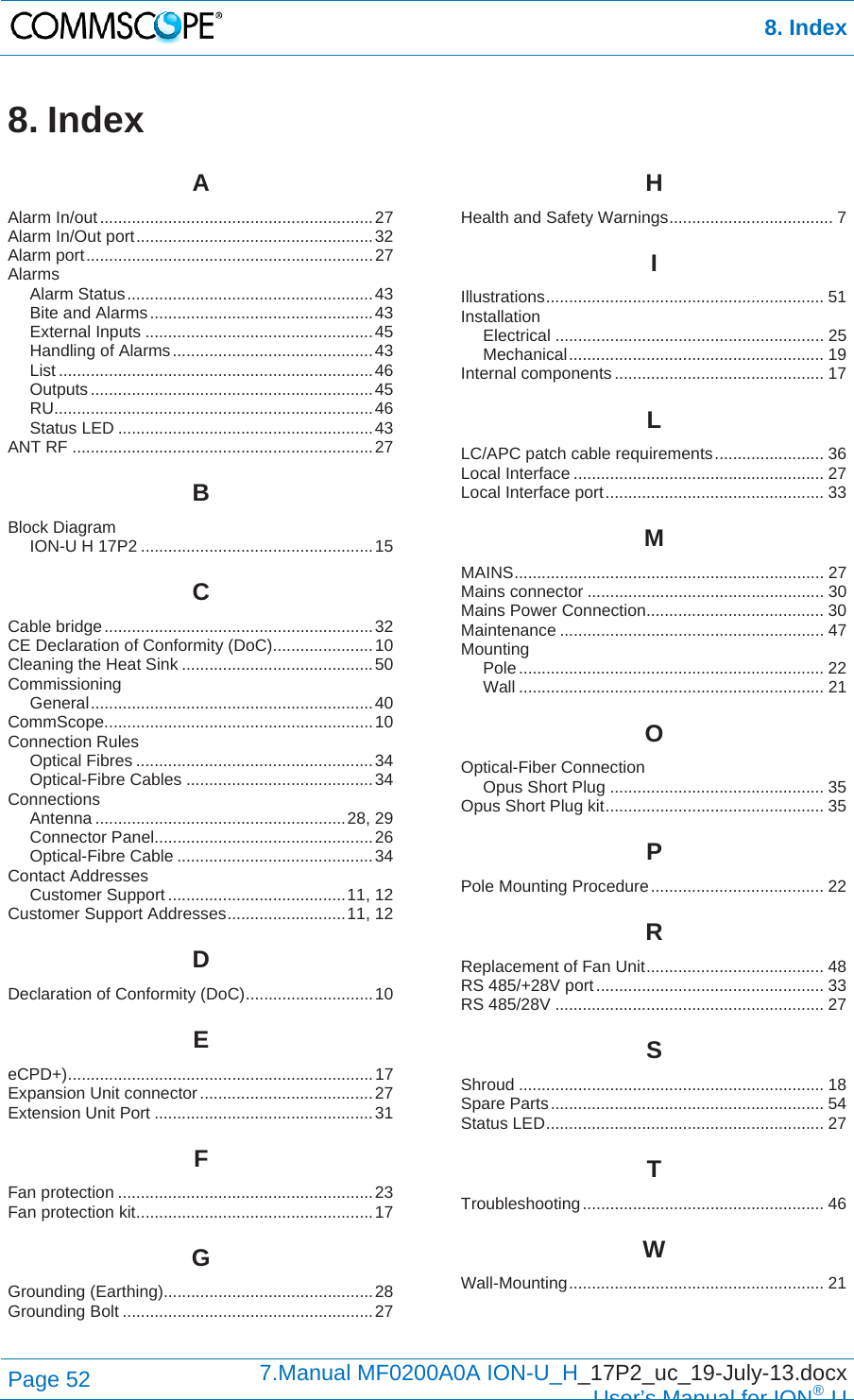  8. Index Page 52  7.Manual MF0200A0A ION-U_H_17P2_uc_19-July-13.docx  User’s Manual for ION®U 8. Index AAlarm In/out ............................................................ 27 Alarm In/Out port .................................................... 32 Alarm port ............................................................... 27 Alarms Alarm Status ...................................................... 43 Bite and Alarms ................................................. 43 External Inputs .................................................. 45 Handling of Alarms ............................................ 43 List ..................................................................... 46 Outputs .............................................................. 45 RU...................................................................... 46 Status LED ........................................................ 43 ANT RF .................................................................. 27 BBlock Diagram ION-U H 17P2 ................................................... 15 CCable  bridge ........................................................... 32 CE Declaration of Conformity (DoC) ...................... 10 Cleaning the Heat Sink .......................................... 50 Commissioning General .............................................................. 40 CommScope ........................................................... 10 Connection Rules Optical Fibres .................................................... 34 Optical-Fibre Cables ......................................... 34 Connections Antenna ....................................................... 28, 29 Connector Panel ................................................ 26 Optical-Fibre Cable ........................................... 34 Contact Addresses Customer Support ....................................... 11, 12 Customer Support Addresses .......................... 11, 12 DDeclaration of Conformity (DoC) ............................ 10 EeCPD+) ................................................................... 17 Expansion Unit connector ...................................... 27 Extension Unit Port ................................................ 31 FFan protection ........................................................ 23 Fan protection kit .................................................... 17 GGrounding (Earthing).............................................. 28 Grounding Bolt ....................................................... 27 HHealth and Safety Warnings .................................... 7 IIllustrations .............................................................  51  Installation Electrical ........................................................... 25 Mechanical ........................................................  19 Internal components .............................................. 17 LLC/APC patch cable requirements ........................ 36 Local Interface ....................................................... 27 Local Interface port ................................................ 33 MMAINS ....................................................................  27 Mains connector .................................................... 30 Mains Power Connection....................................... 30 Maintenance .......................................................... 47 Mounting Pole ................................................................... 22 Wall ................................................................... 21 OOptical-Fiber Connection Opus Short Plug ............................................... 35 Opus Short Plug kit ................................................ 35 PPole Mounting Procedure ...................................... 22 RReplacement of Fan Unit ....................................... 48 RS 485/+28V port .................................................. 33 RS 485/28V ........................................................... 27 SShroud ................................................................... 18 Spare Parts ............................................................ 54 Status LED ............................................................. 27 TTroubleshooting ..................................................... 46 WWall-Mounting ........................................................  21  